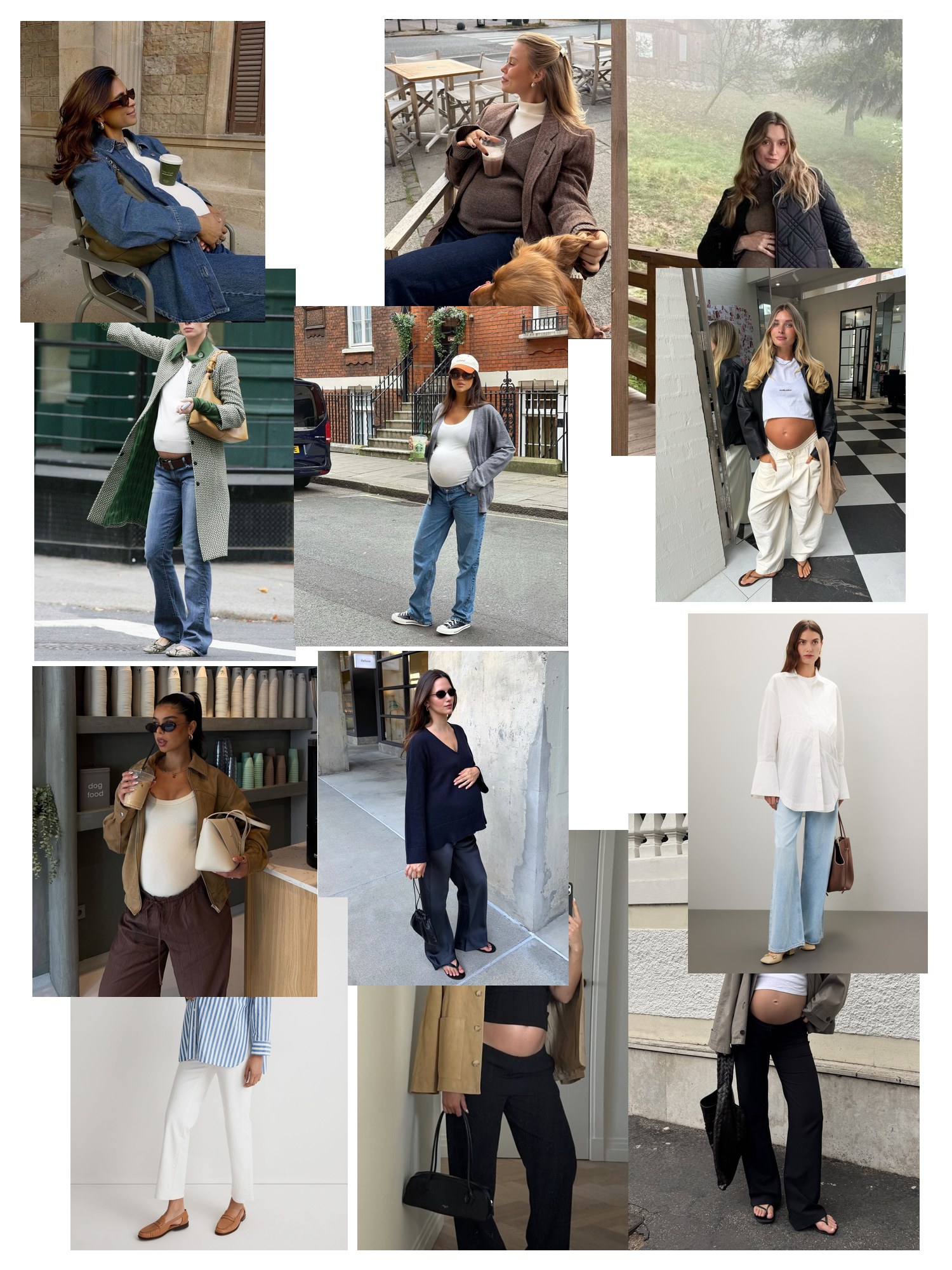 Collage of twelve street-style and editorial photos featuring Maternity Clothes, scattered and overlapping
