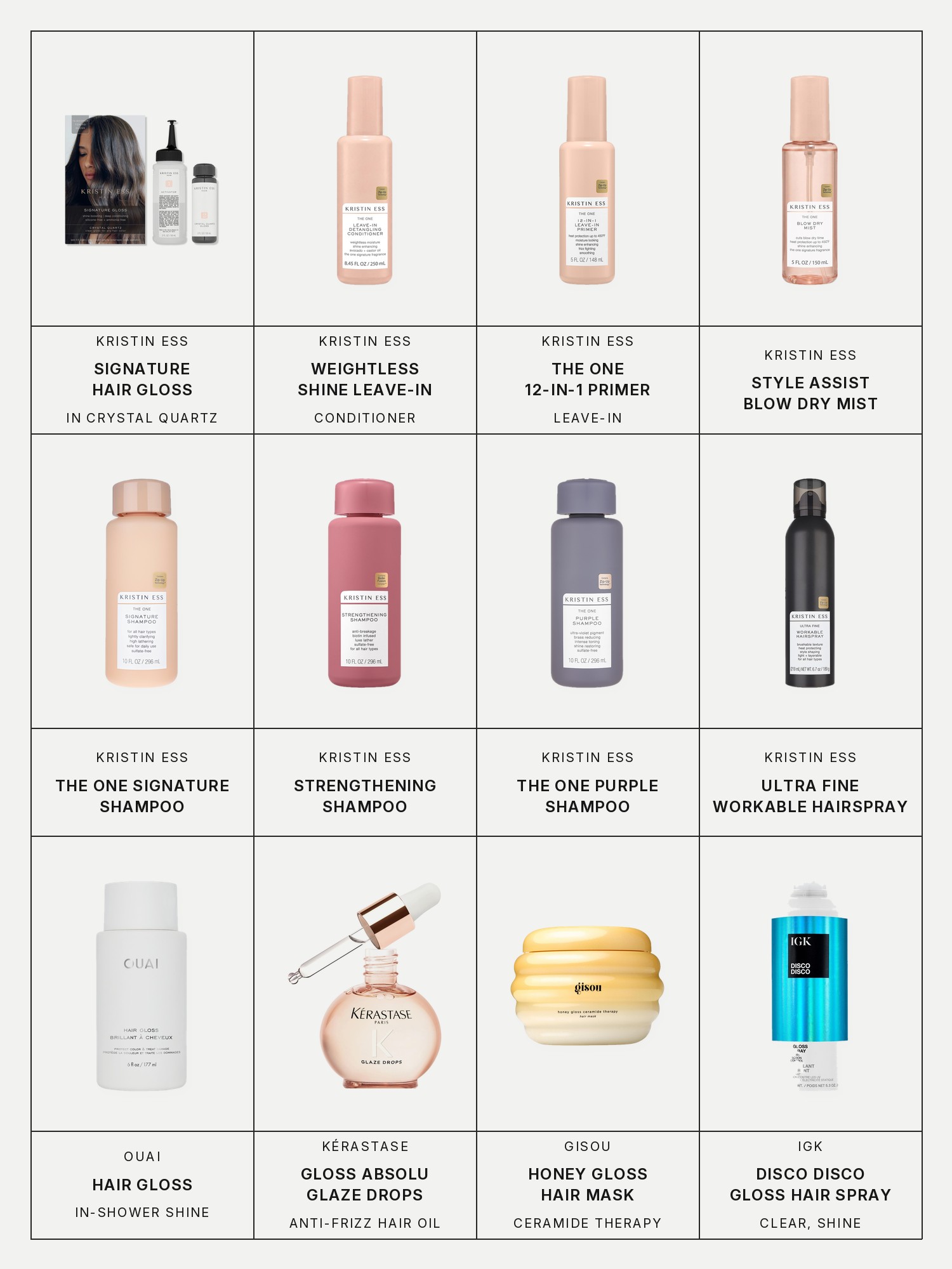 Twelve boxes on a pale grey page, one for each product in this edit, each with its brand and name printed below: Kristin Ess Signature Hair Gloss, Crystal Quartz, Kristin Ess Weightless Shine Leave-In Conditioner, Kristin Ess The One 12-in-1 Leave-In Primer, Kristin Ess Style Assist Blow Dry Mist, Kristin Ess The One Signature Shampoo, Kristin Ess Strengthening Shampoo, Kristin Ess The One Purple Shampoo, Kristin Ess Ultra Fine Workable Hairspray, Ouai Hair Gloss In-Shower Shine Treatment, Kérastase Gloss Absolu Glaze Drops Anti-Frizz Hair Oil, Gisou Honey Gloss Ceramide Therapy Hydrating Hair Mask and IGK Disco Disco Clear Gloss Shine Hair Spray.