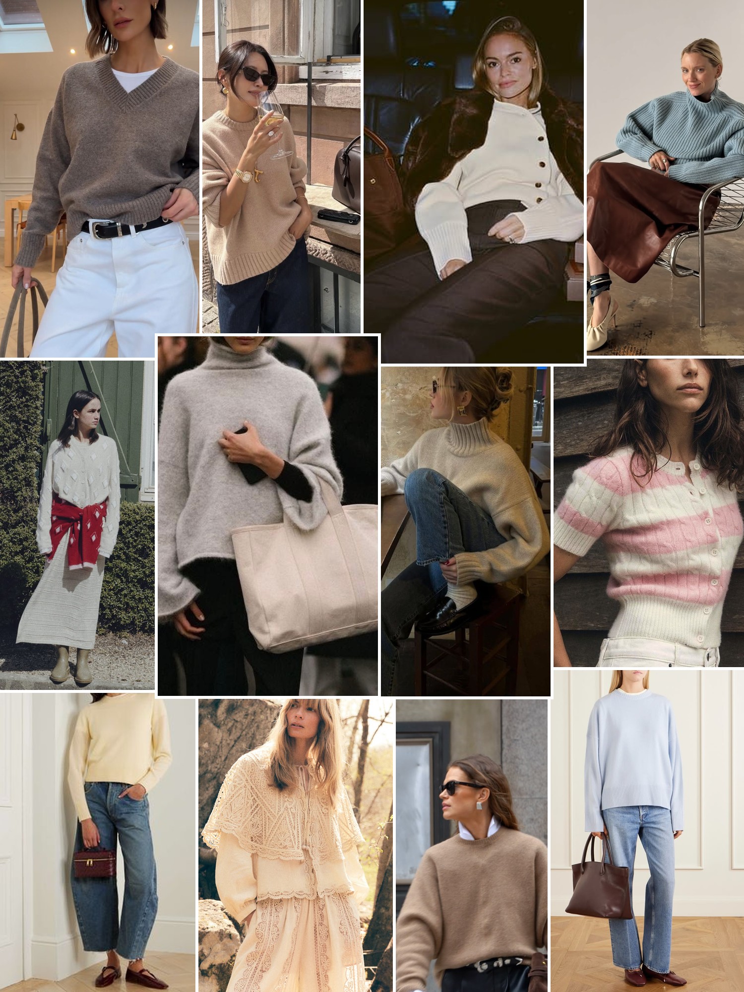 Collage of soft cashmere layers, textured sweaters, neutral knits and relaxed winter outfits.