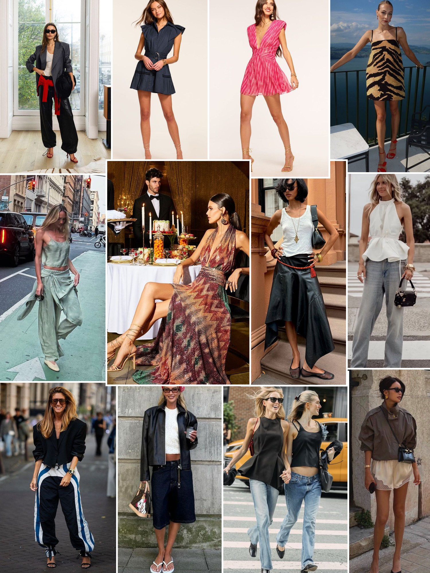 A collage of polished city outfits, playful dresses, denim, leather, and relaxed occasion looks.