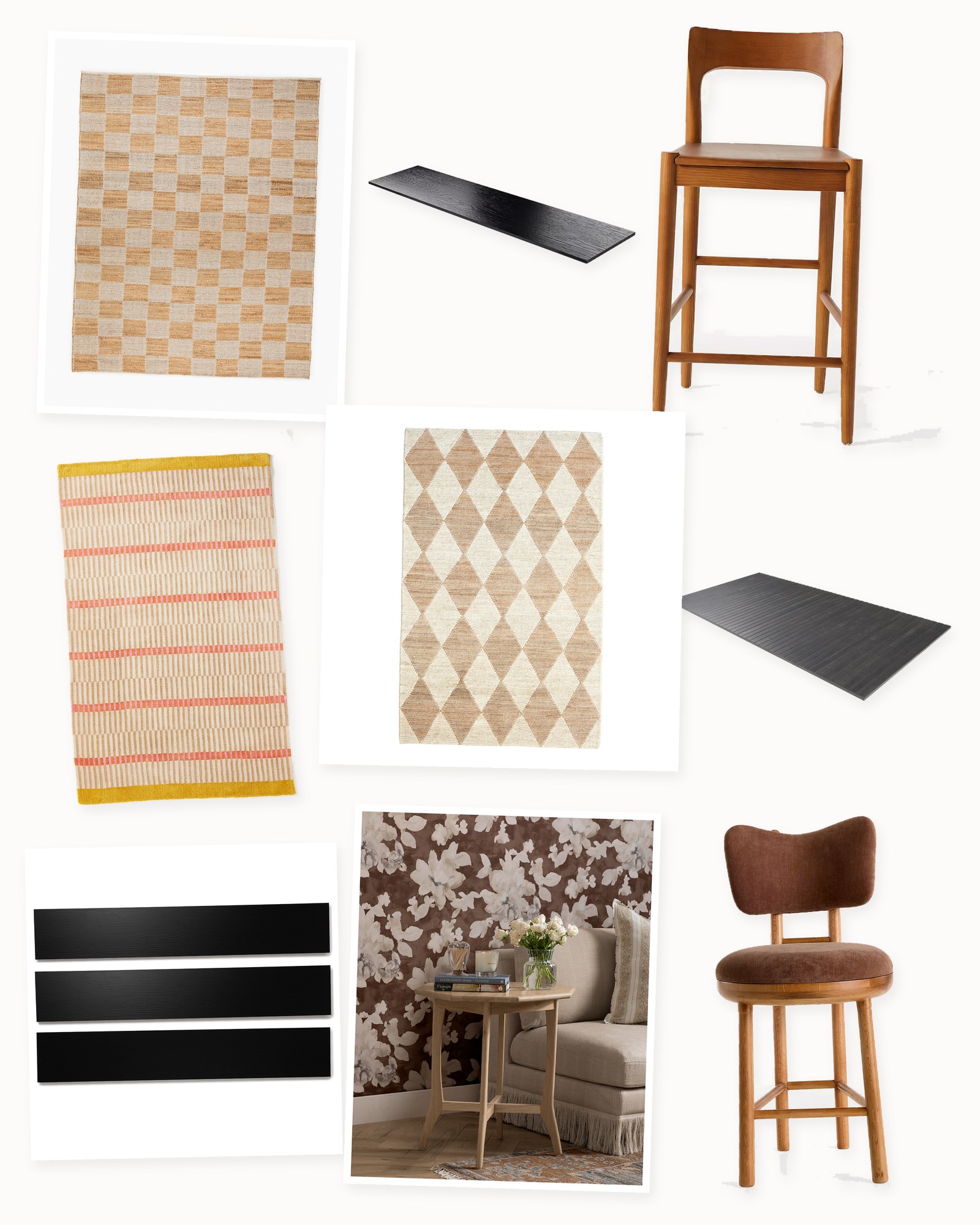 Collage on an off-white background showing Auburn Ribbon Porcelain Wood-Look Tile, Harwich Handwoven Jute Rug in Natural, Heritage Ash Wood Counter Stool, Phora Porcelain Wood-Look Tile, Hand-Loomed Wool and Jute Striped Rug, Irie Velvet Oak Wood Counter Stool, BaseCore Peel and Stick Vinyl Plank, Wool & Jute Handwoven Checkered Rug and Posie Oak Side Table.