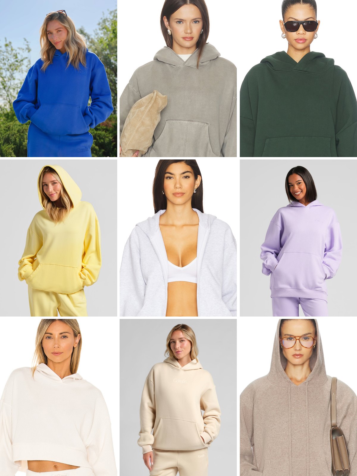 Nine women wearing hoodies from Comfrt, Fear of God ESSENTIALS, Entire Studios, SKIMS, alo and Helsa