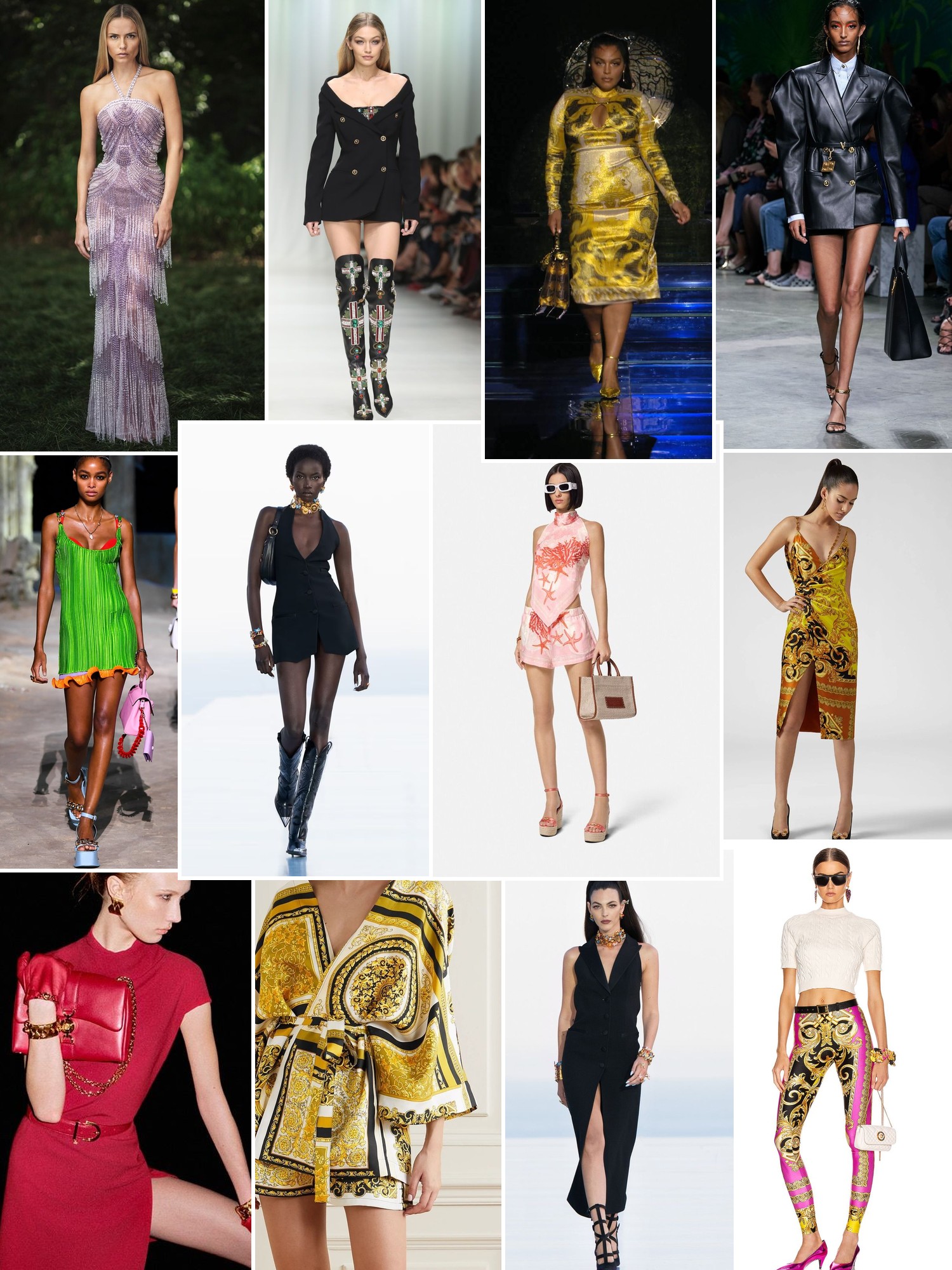 Collage of runway looks, campaign shots and street style outfits that capture the Versace mood