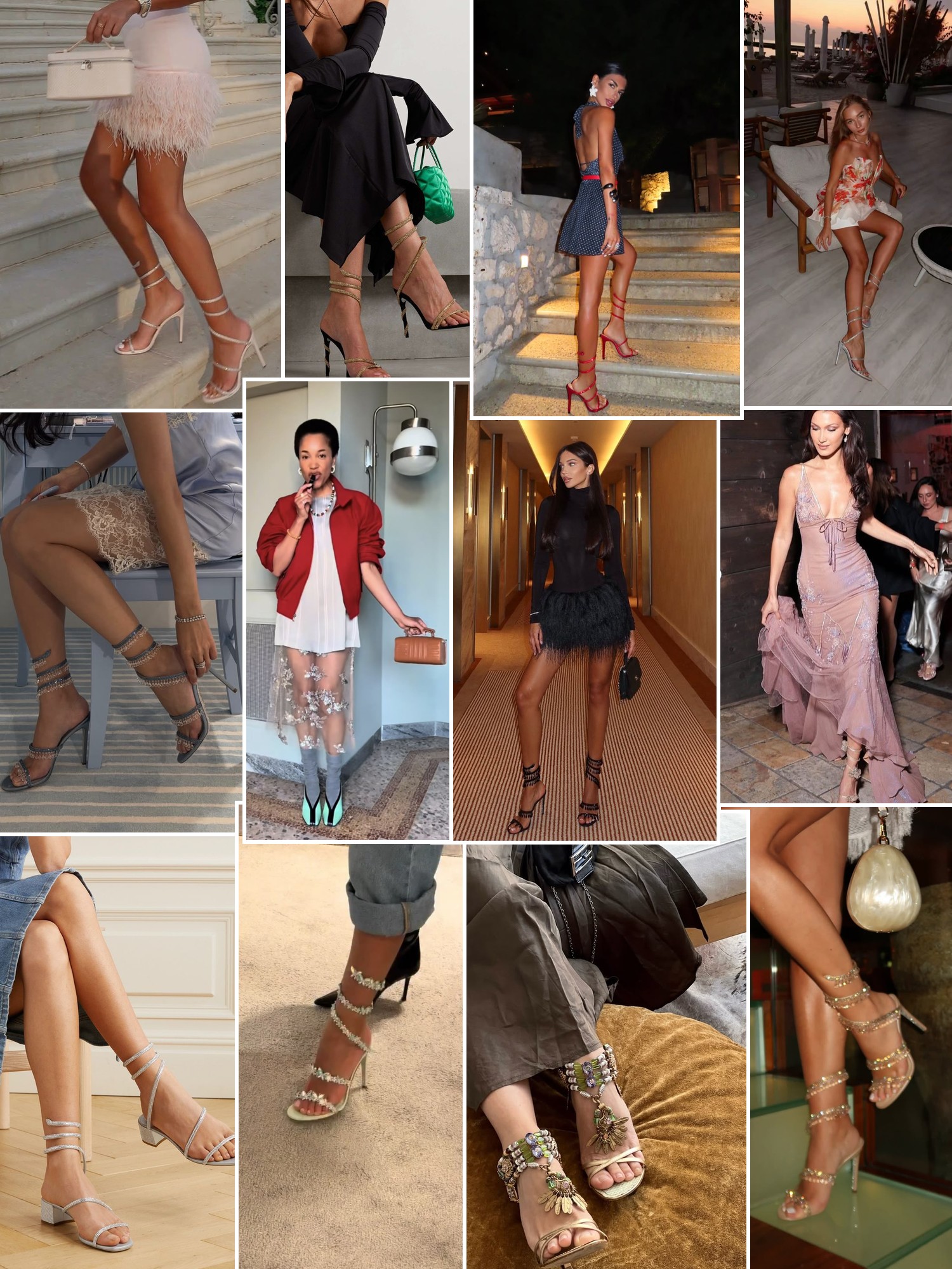 Collage of embellished heels, jeweled sandals and evening shoes styled with dresses and street looks