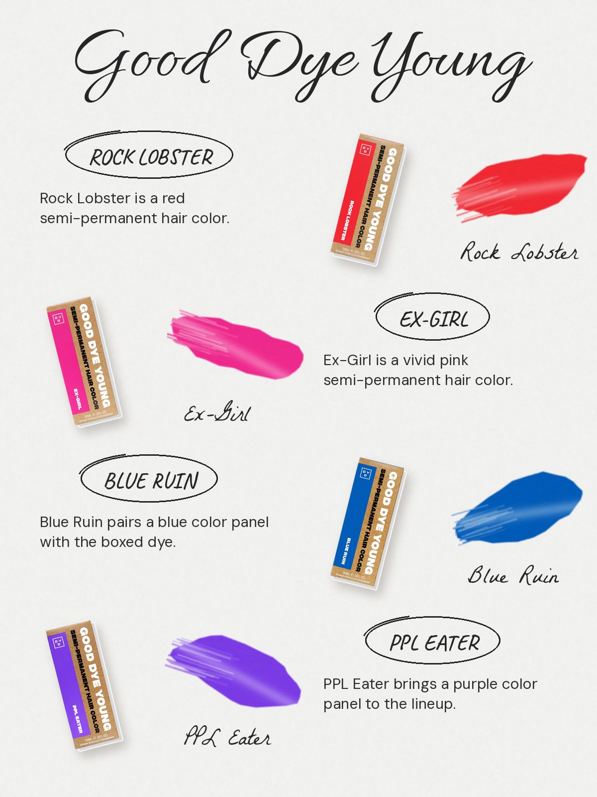 Swatch-notes card featuring Good Dye Young semi-permanent colors Rock Lobster, Ex-Girl, Blue Ruin, and PPL Eater.