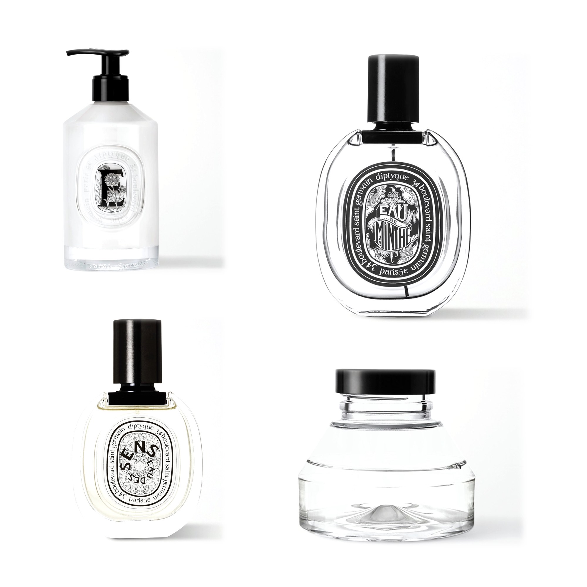 A collage of Diptyque perfume, home diffuser refill and hand care in this edit, arranged on a white background.