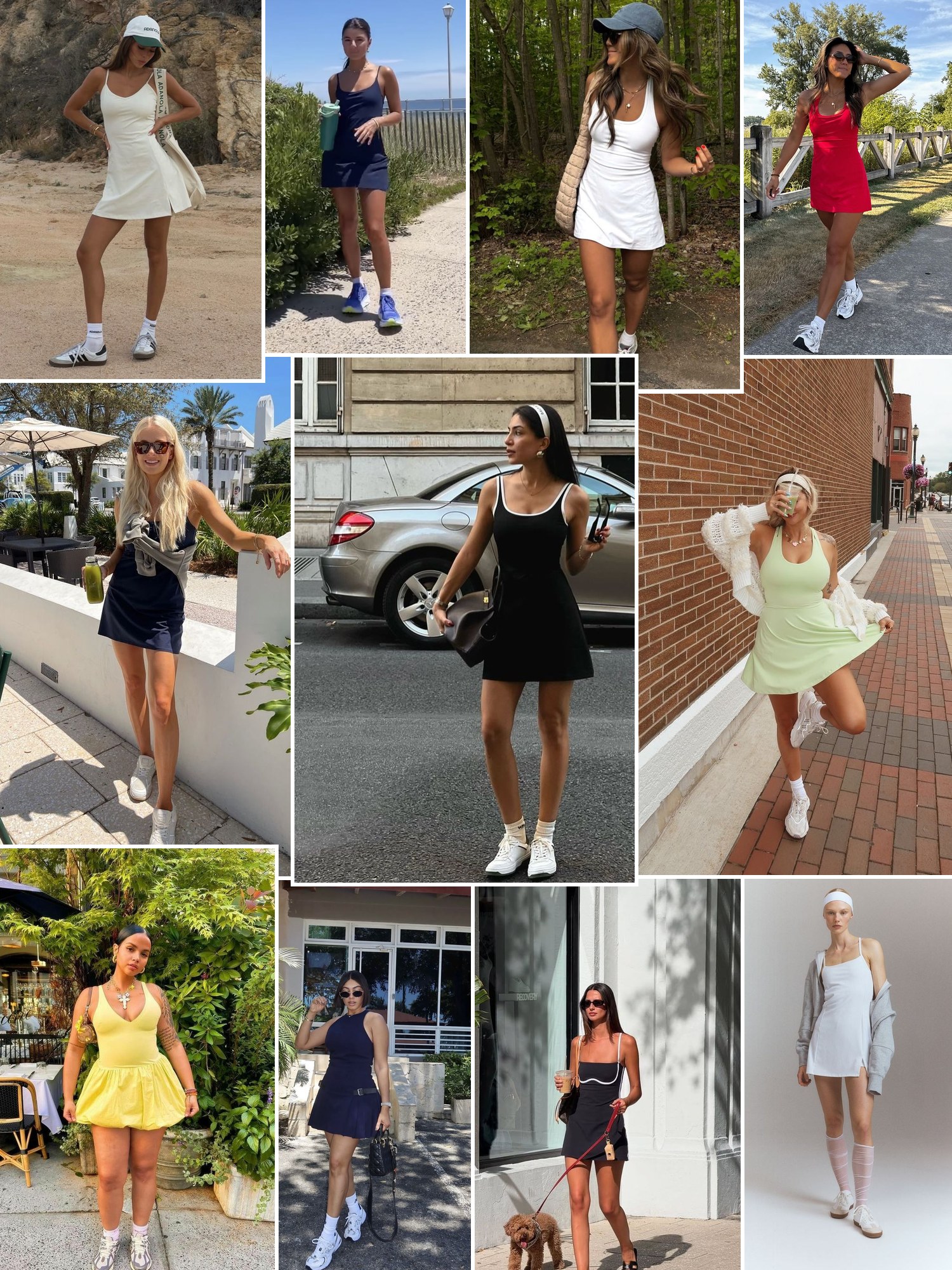 Collage of exercise dresses with sneakers outdoors