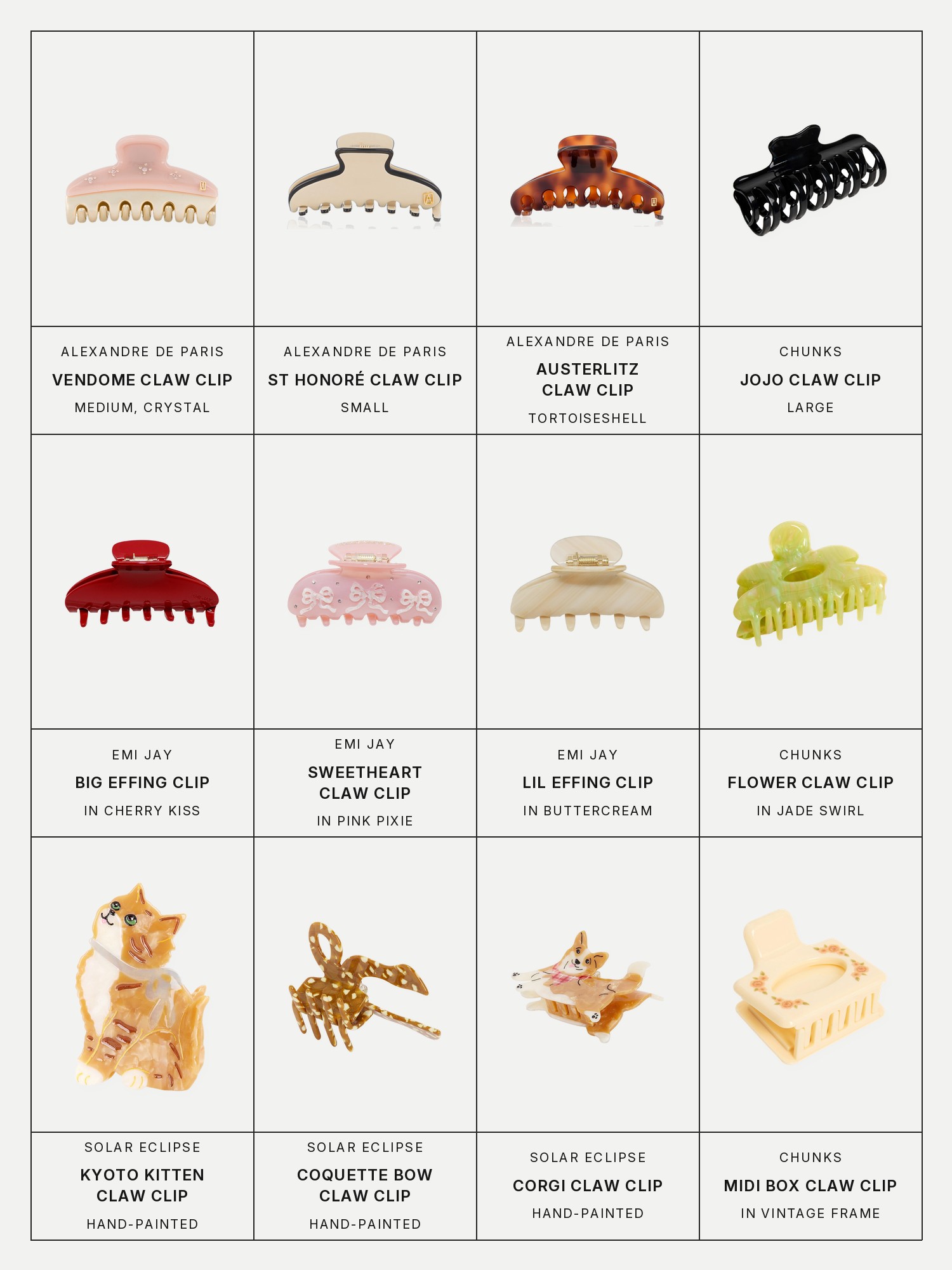 Twelve boxes on a pale grey page, one for each product in this edit, each with its brand and name printed below: Alexandre de Paris Vendome Claw Clip, Alexandre de Paris St Honoré Claw Clip, Alexandre de Paris Austerlitz Claw Clip, Chunks Jojo Claw Clip, Emi Jay Big Effing Clip, Emi Jay Sweetheart Claw Clip, Emi Jay Lil Effing Clip, Chunks Flower Claw Clip, Solar Eclipse Kyoto Kitten Claw Clip, Solar Eclipse Coquette Bow Claw Clip, Solar Eclipse Corgi Claw Clip and Chunks Midi Box Claw Clip.