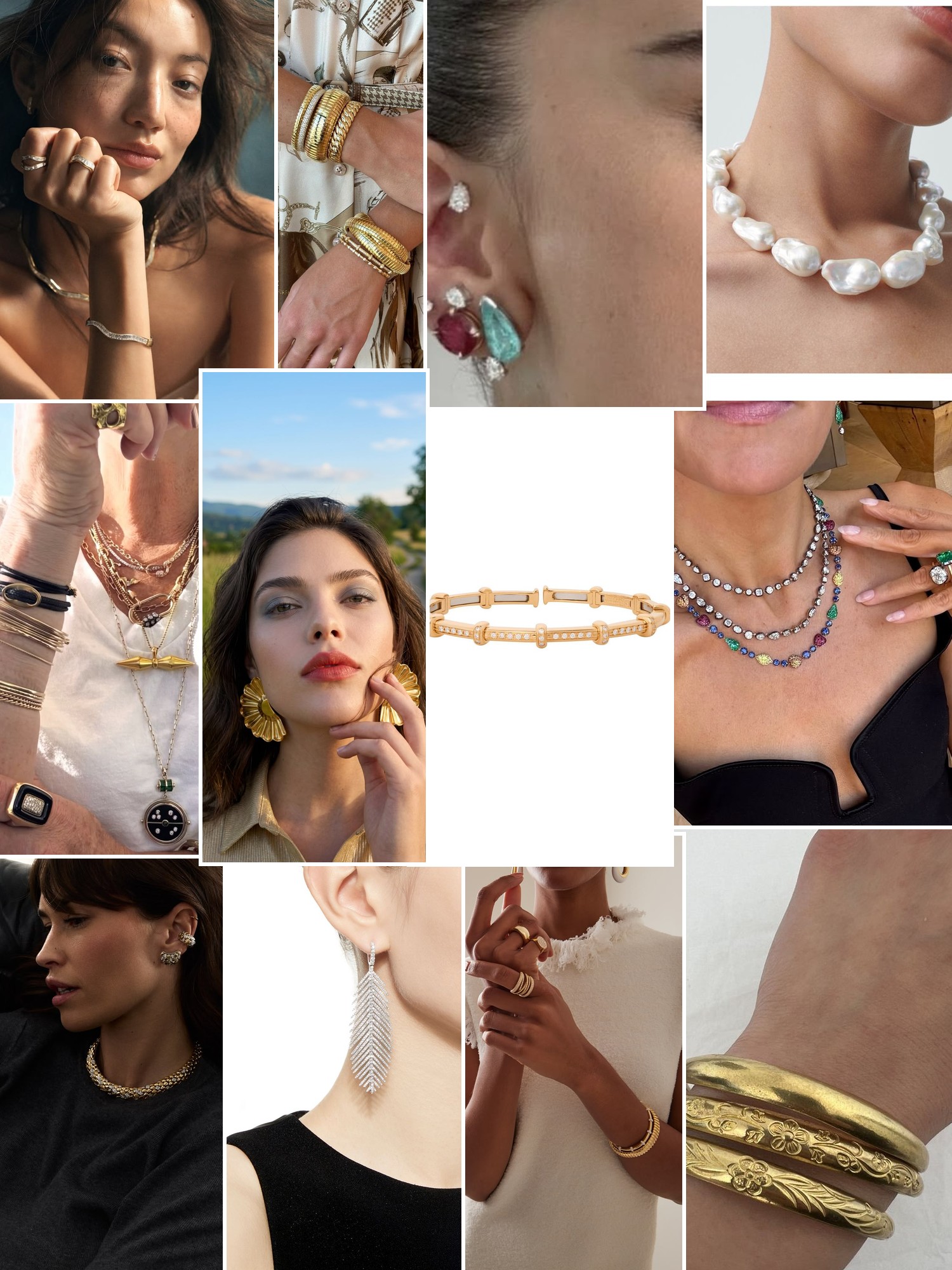 Collage of rings, earrings and layered necklaces worn up close, in the spirit of Sidney Garber