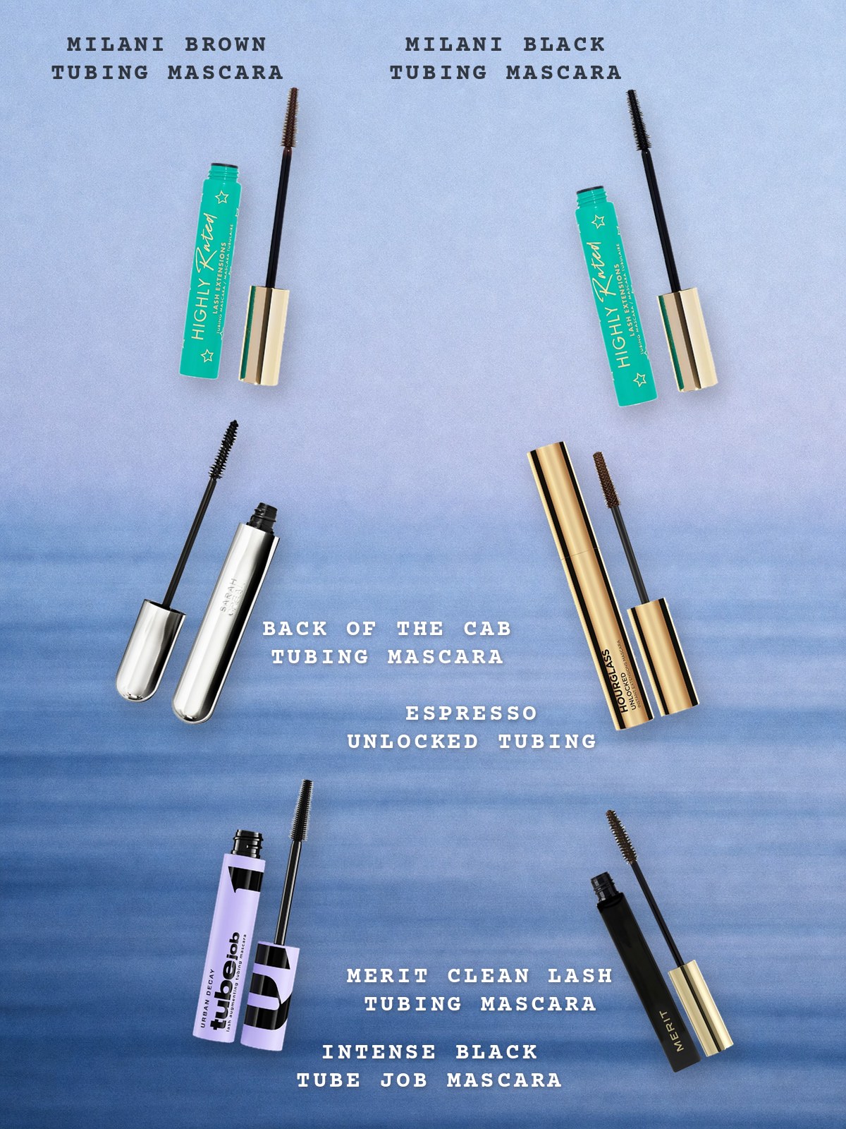 Floating-products collage featuring Milani, Sarah Creal, Hourglass, Urban Decay, and MERIT tubing mascaras.