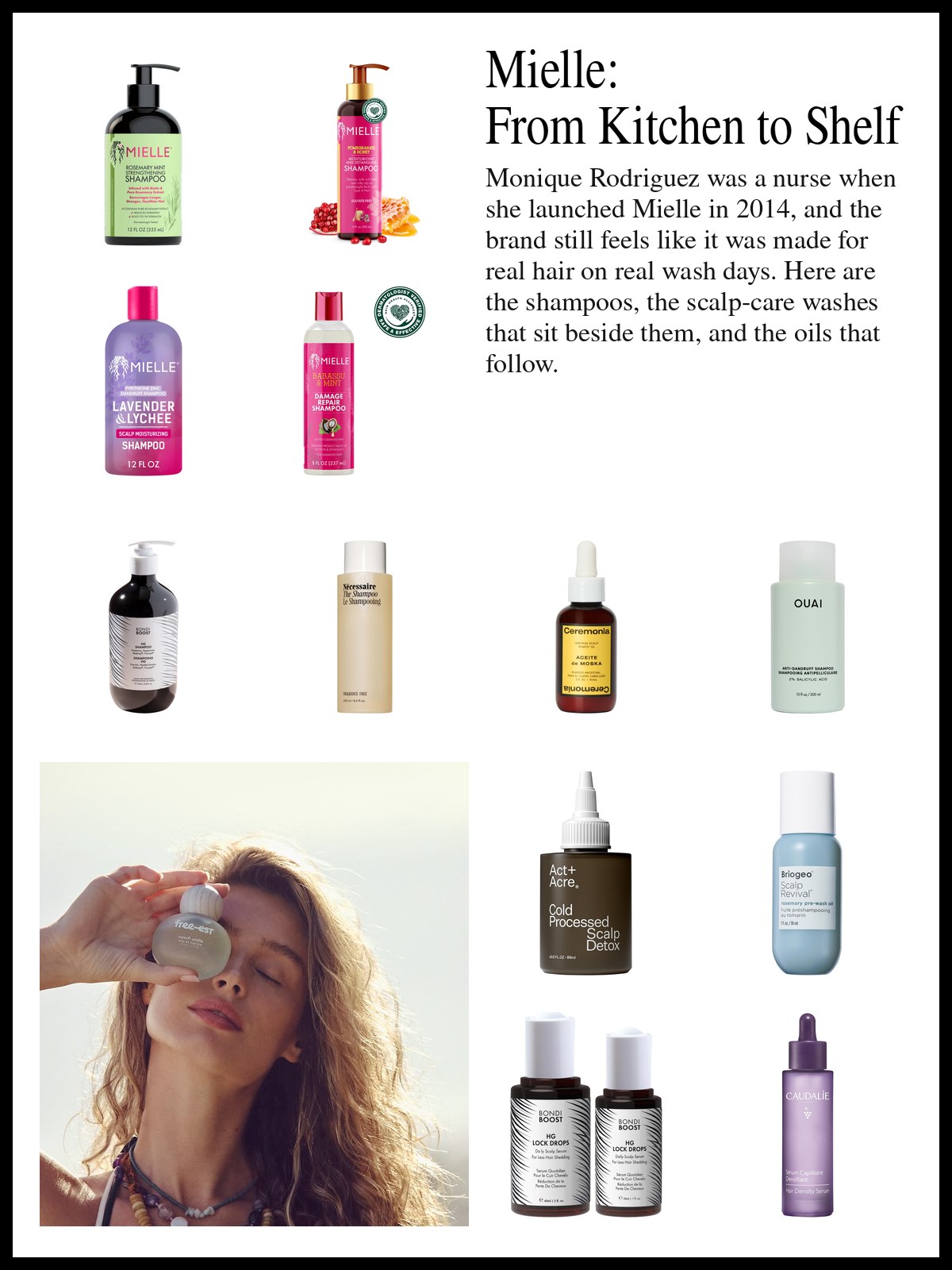 Collage of shampoos, scalp oils and hair serums beside a sunlit photo of a woman with long, wavy golden hair and closed eyes, holding a small round perfume bottle over one eye and wearing layered beaded necklaces.
