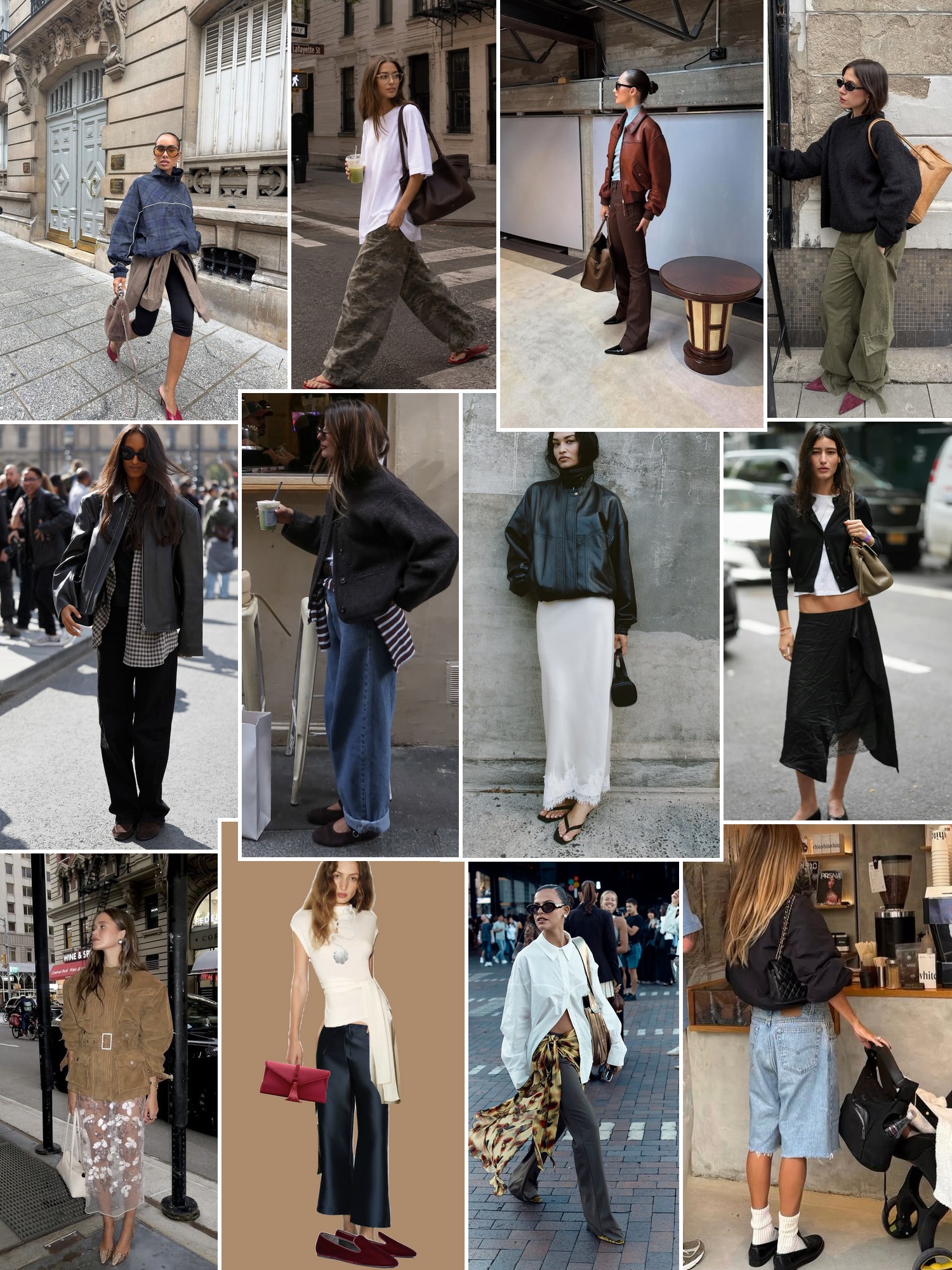 Collage of women in street style outfits with statement flats and heels, denim, skirts and relaxed tailoring