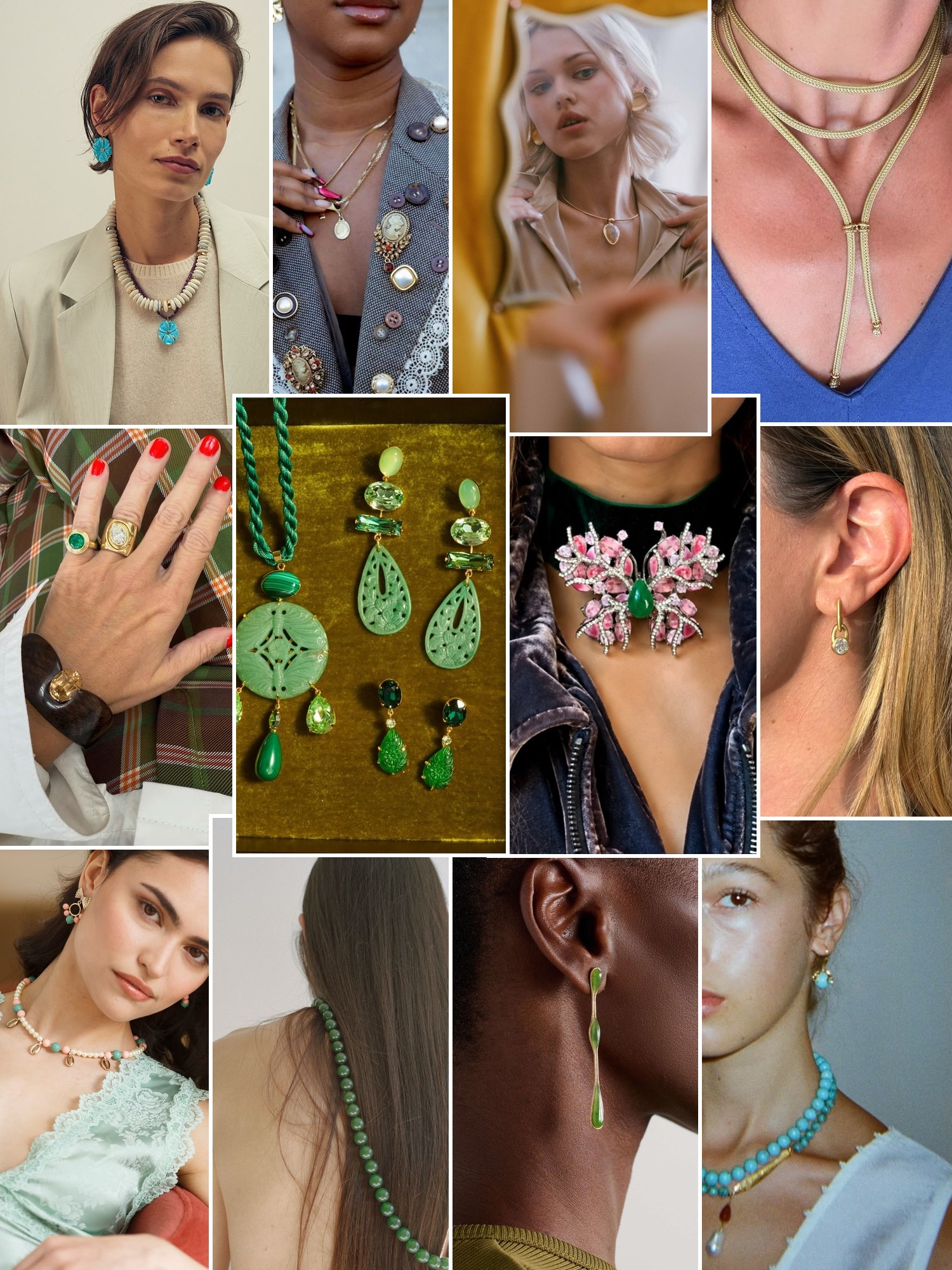 Collage of rings, earrings and layered necklaces worn up close, in the spirit of Jade Ruzzo