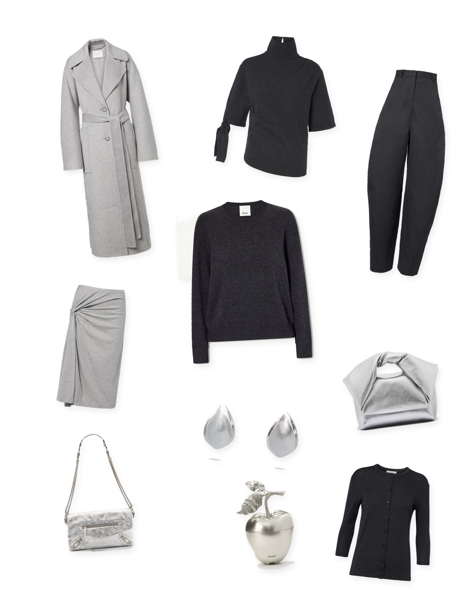 Flat lay of a light gray coat, gray and charcoal knits, gray barrel-leg trousers, a draped gray skirt, silver earrings, a silver apple-shaped clutch and two silver bags on white.