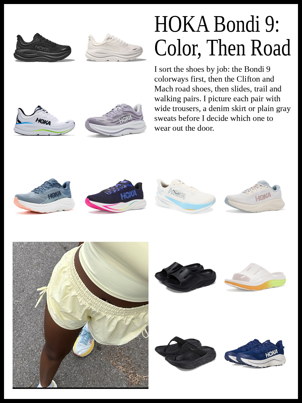 Collage of cushioned road runners in neutral and pastel colorways, plush and plated road trainers, and recovery slides with trail and walking shoes, and a mood photo of a yellow running set with cushioned sneakers