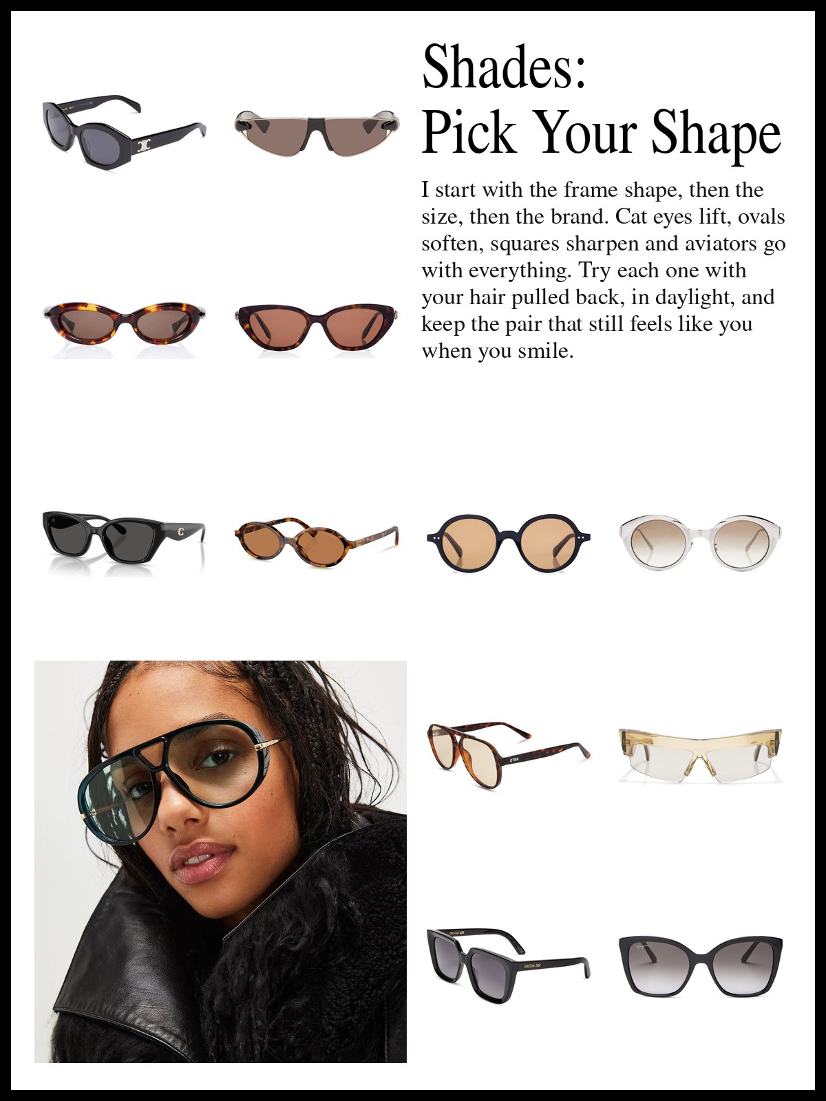 Collage of cat-eye and butterfly frames, oval and round frames, and square, rectangular and aviator frames, and a mood photo of oversized aviators with a black leather jacket.