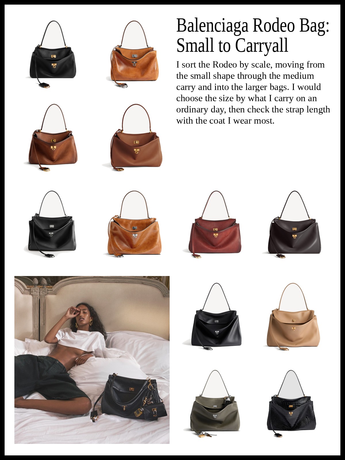 Collage of small handbags, medium handbags and shoulder bags, and large handbags and totes, plus a mood photo of a relaxed outfit with a dark leather bag