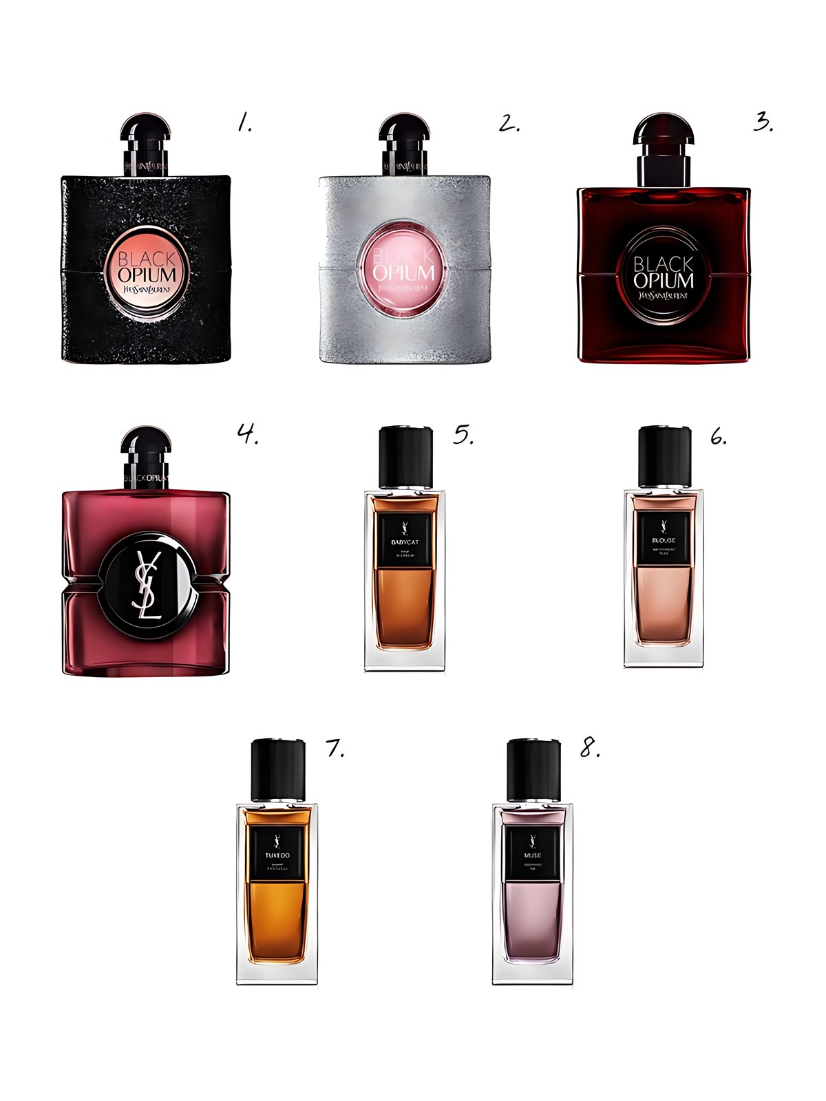 Numbered collage: 1. Yves Saint Laurent Black Opium Eau de Parfum with Coffee & White Flowers; 2. Yves Saint Laurent Black Opium Eau de Parfum Glitter with Marshmallow & Coffee; 3. Yves Saint Laurent Black Opium Eau de Parfum Over Red with Cherry & Coffee; 4. Yves Saint Laurent Black Opium Pink Glaze Eau de Parfum; 5. Yves Saint Laurent Le Vestiaire des Parfums Babycat Eau de Parfum with Vanilla and Amber; 6. Yves Saint Laurent Le Vestiaire des Parfums Blouse Eau de Parfum; 7. Yves Saint Laurent Le Vestiaire des Parfums Tuxedo Eau de Parfum with Patchouli and Vanilla; 8. Yves Saint Laurent Le Vestiaire des Parfums Muse Eau de Parfum