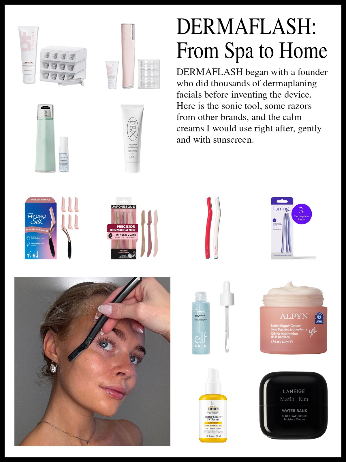 Collage of a sonic dermaplaning device, refill edges, facial razors and wands, and soothing serums and creams, and a mood photo of a woman dermaplaning along her brow.