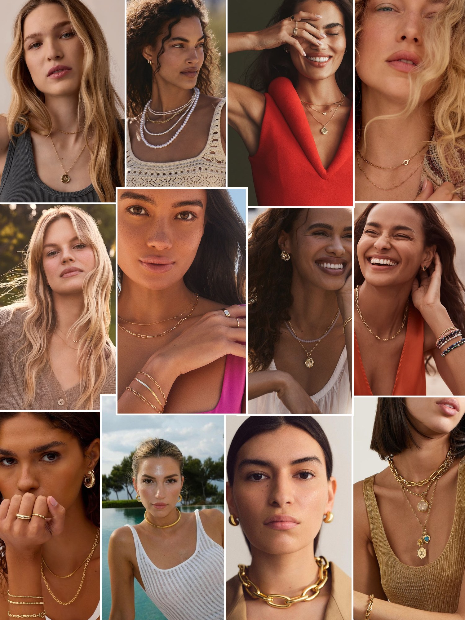 Street style collage of women wearing Gorjana necklace