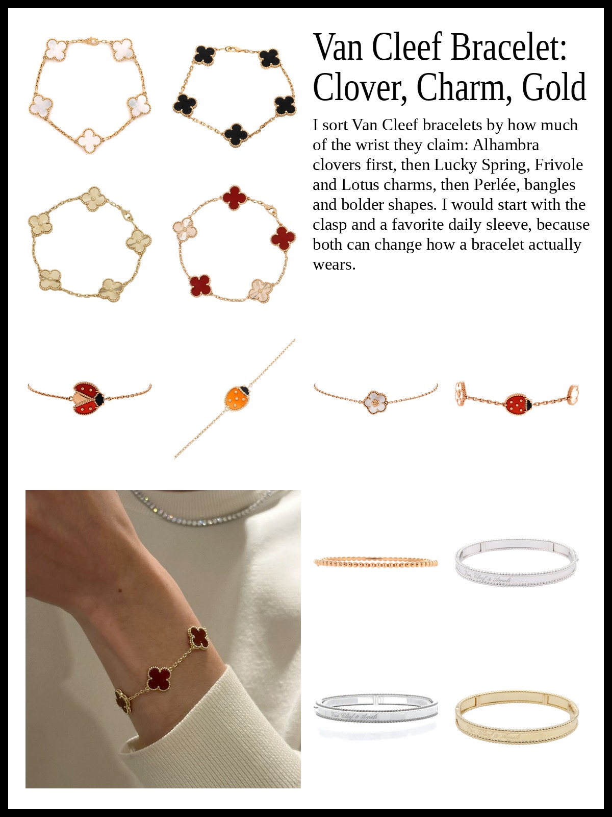 Collage of clover bracelets, flower and ladybug charm bracelets, and beaded gold bangles and bolder bracelets