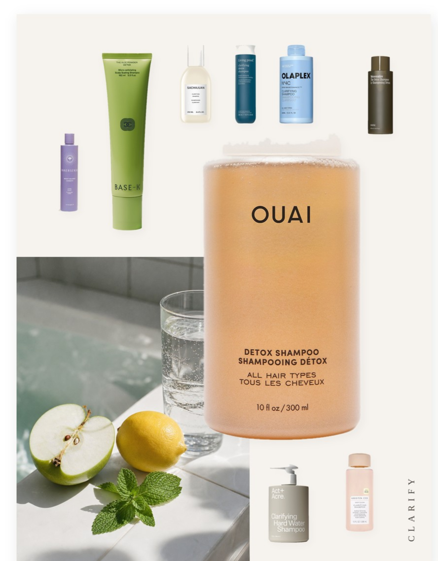 Collage on an off-white page showing the Ouai Detox Clarifying Shampoo with Apple Cider Vinegar and the Base-k The Rice Powder Detox Exfoliating Shampoo, with seven more picks from this edit, beside a still-life photo of a green apple, a lemon, fresh mint and a glass of water beside a bath.