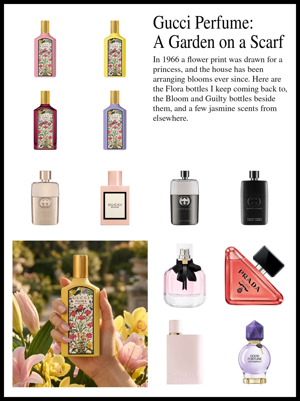 Collage of Gucci floral perfumes and jasmine fragrances from other houses beside a photo of a pink lipstick balm resting inside a full, blush-pink garden rose against a soft peach backdrop.