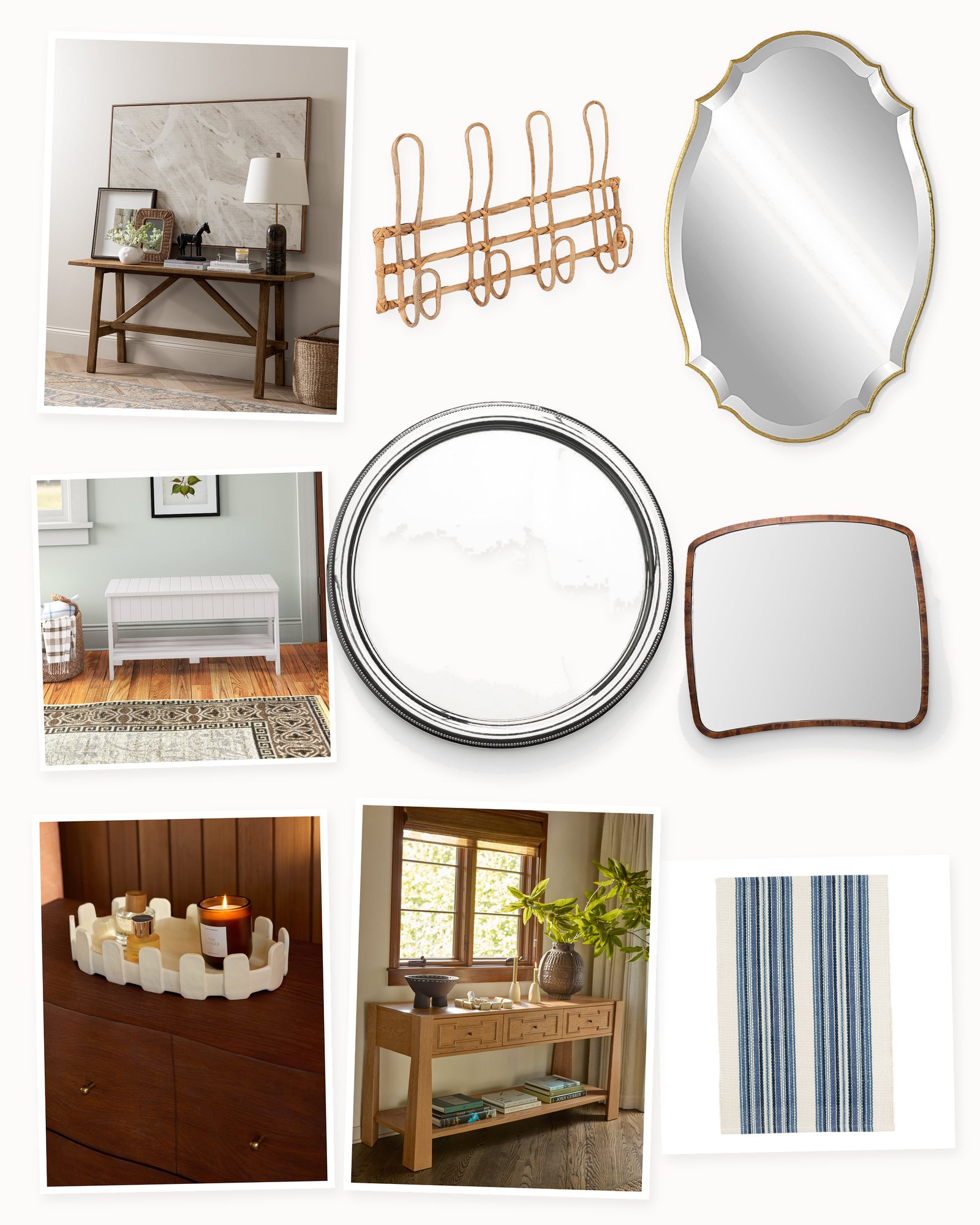 Collage on an off-white background showing Carlia Solid Wood Storage Bench, Rattan Woven Wall Hook Rack, Road Runner Handwoven Indoor/Outdoor Rug in Blue, Maca Console by Élan Byrd, La Vie Mirror, Beaded Round Tray, Hampstead Console Table, Bodhi Burl Mantel Mirror and Spoke Tray by Sarah Sherman Samuel.