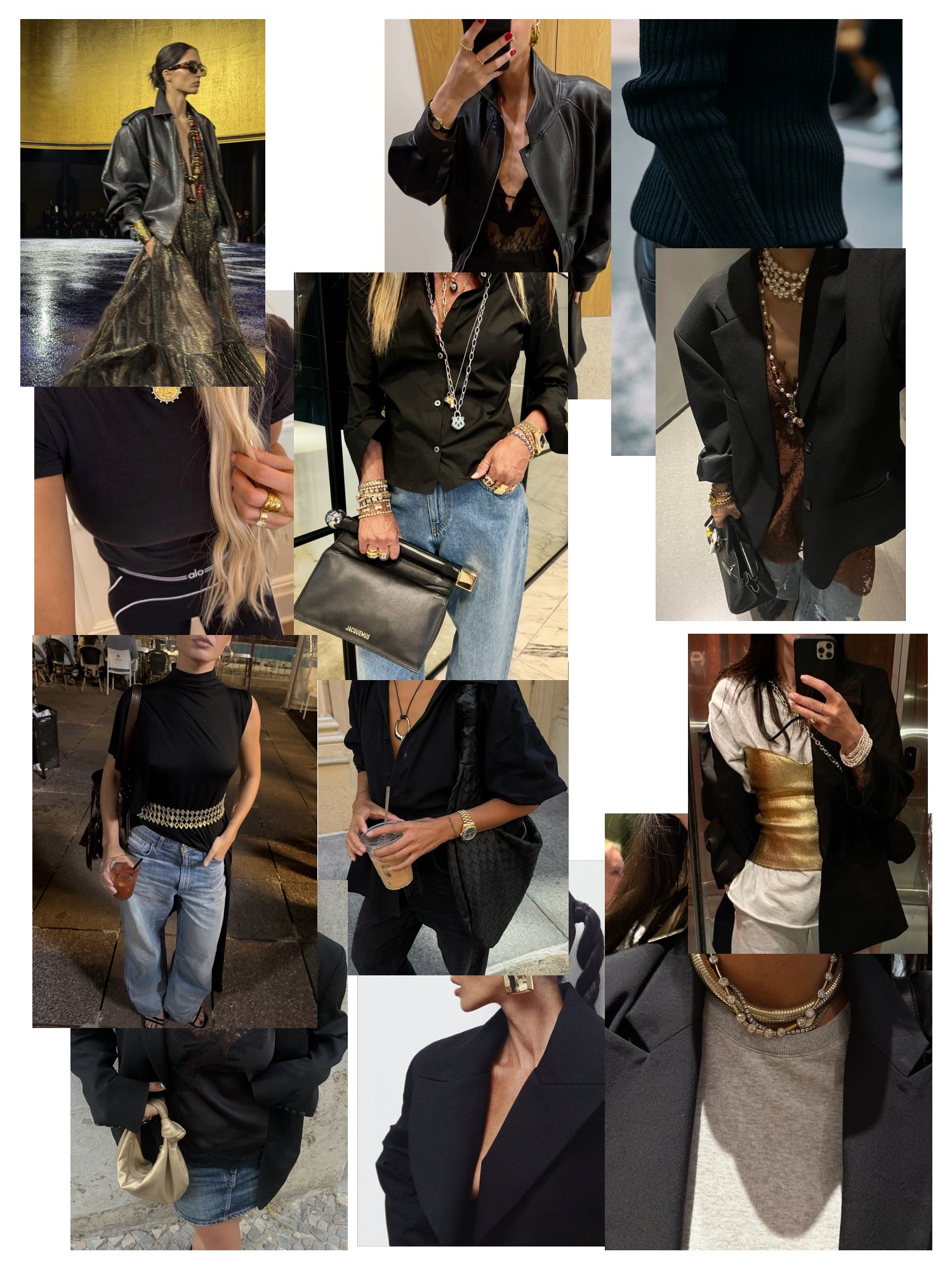 Collage of twelve street-style photos of women wearing black and gold outfits, scattered and overlapping on white