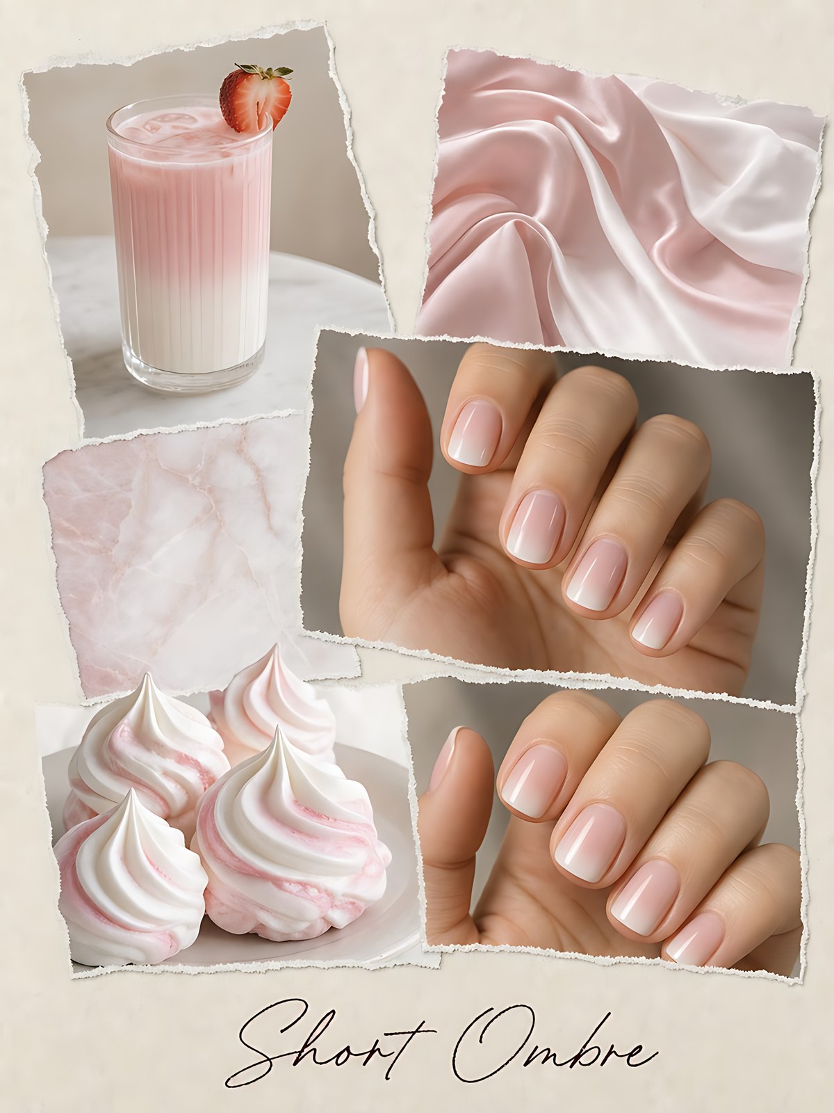 Mood board of short ombre nails: strawberry milk, pink silk, marble, meringues, and milky pink to white baby boomer manicures