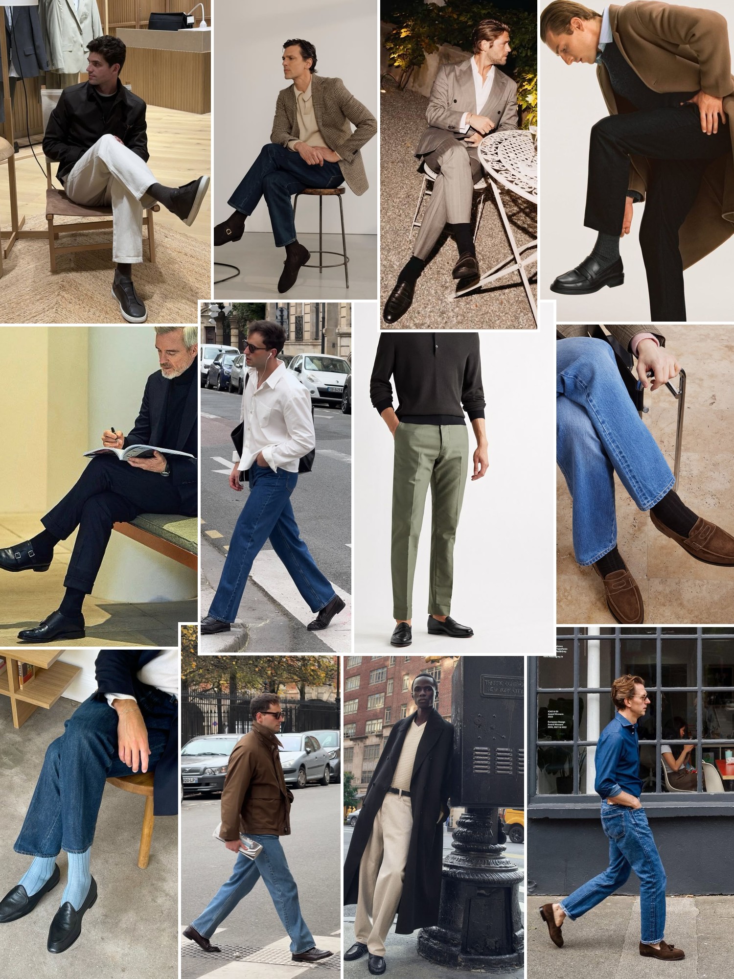 Collage of menswear looks with polished loafers, relaxed tailoring, city walks and a classic leather shoe