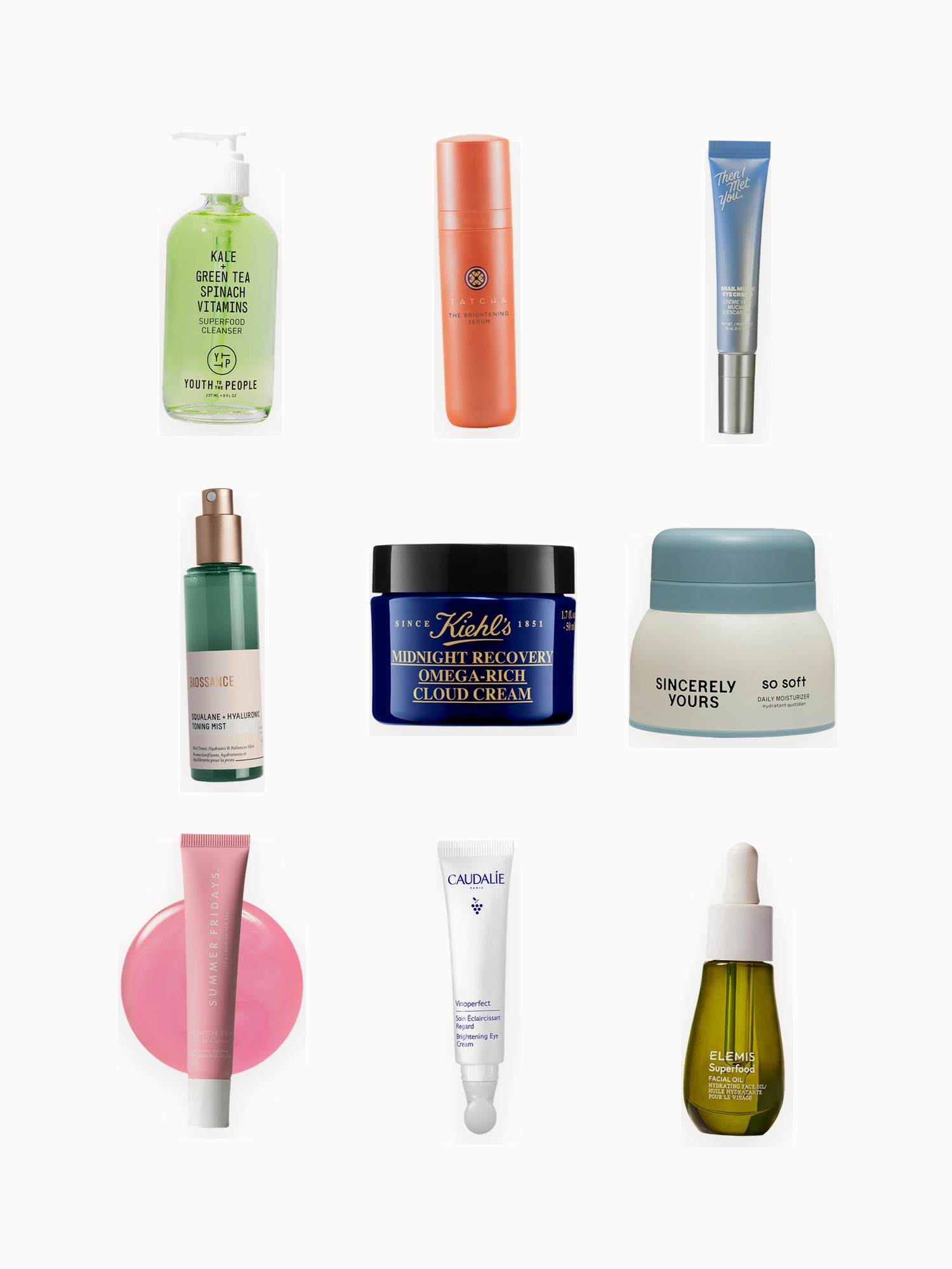 Flat lay of a face cleanser, toner mist, eye creams, exfoliator, enzyme mask, night cream, lip balm and face oil on an off-white background