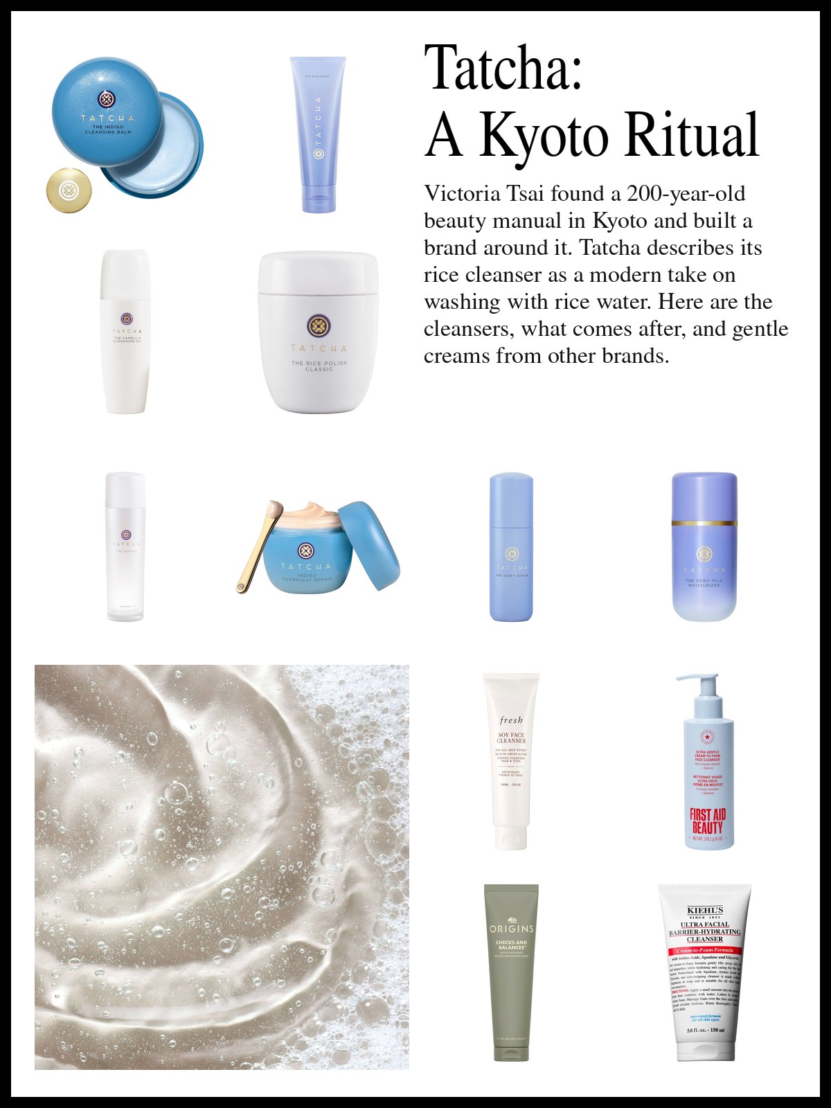 Collage of Tatcha cleansers, essence, serum and moisturizers and gentle cream and milk cleansers from other brands, with a mood photo of foamy cleanser swirling in water.