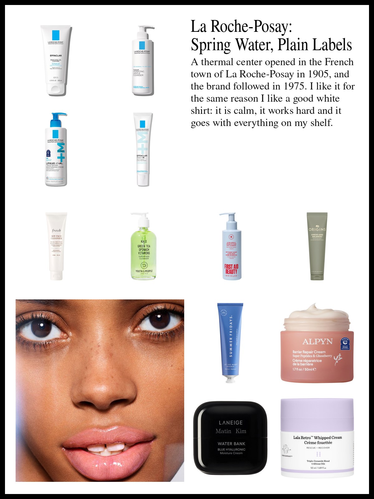 Collage of La Roche-Posay cleansers and serums, gentle face washes and barrier creams beside a close-up photo of a freckled face with dark eyes and glossy pink lips slightly parted.