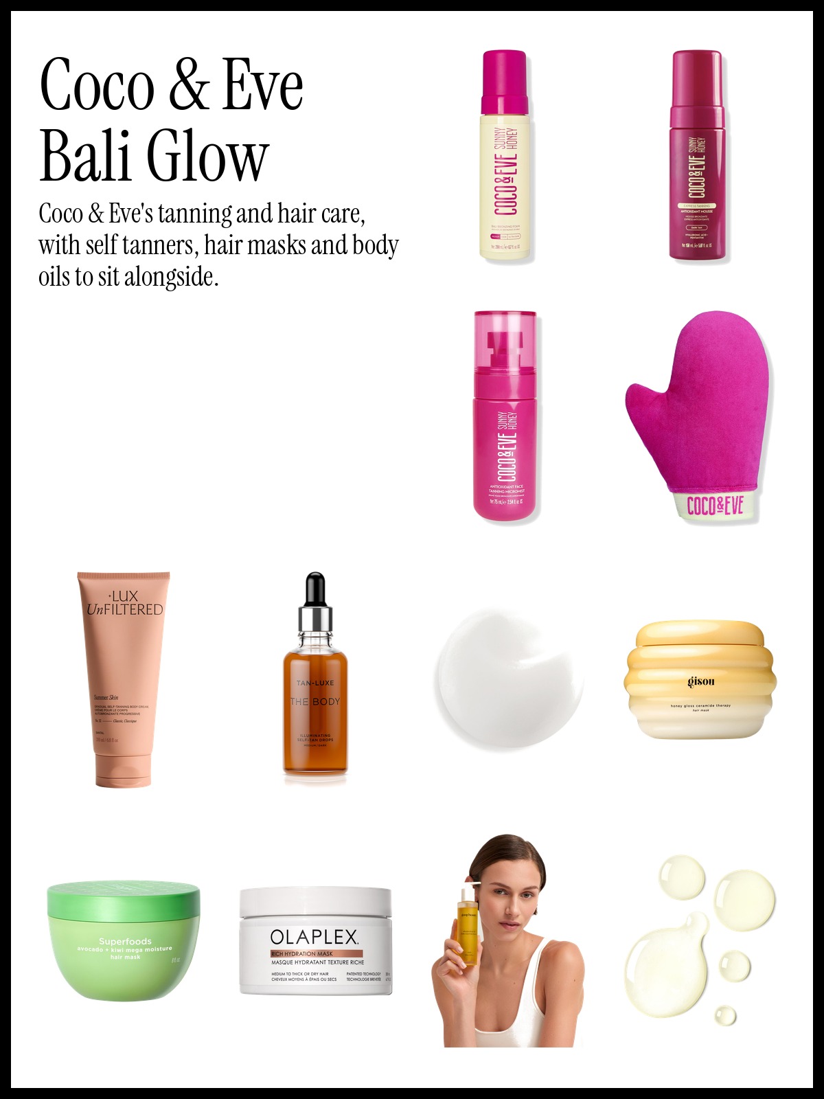 Collage of Coco & Eve Sunny Honey Bali Bronzing Foam, Lux Unfiltered Summer Skin Gradual Self-Tanning Cream and Gisou Honey Gloss Hair Mask
