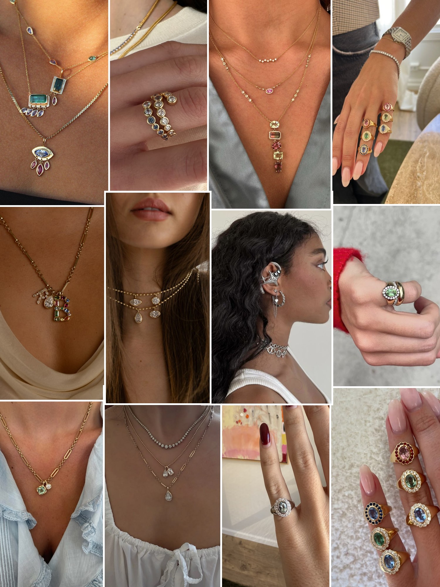 Collage of rings, earrings and layered necklaces worn up close, in the spirit of Real Fine Studio