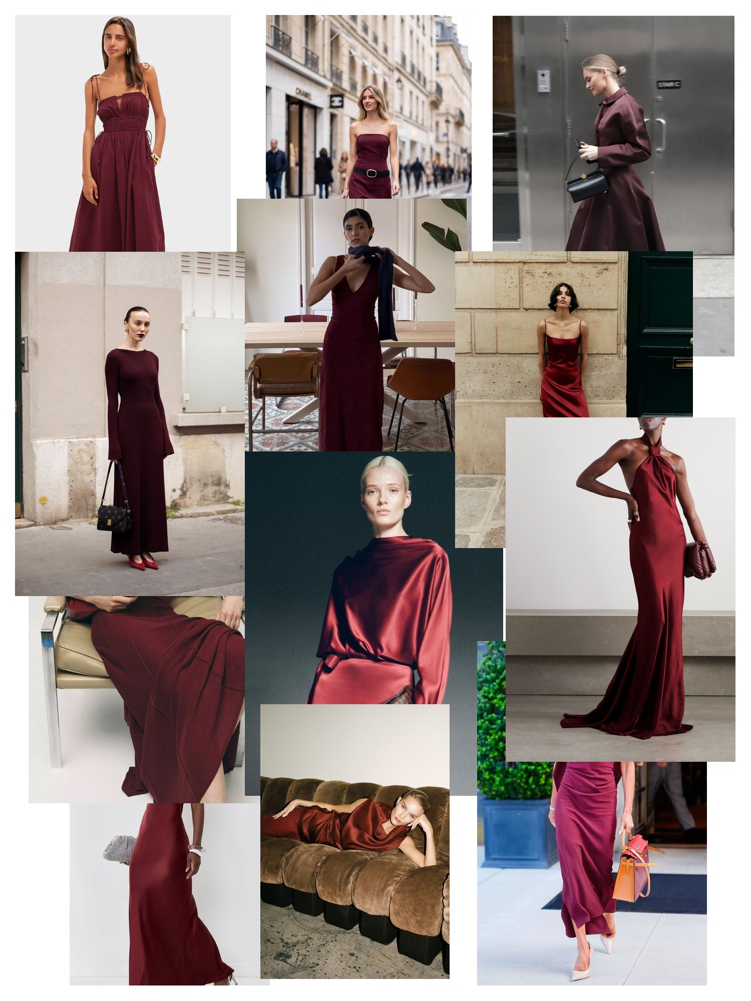 Scatter collage of burgundy dresses worn out: wine-red midis, satin slips and gowns on the street and at dinner