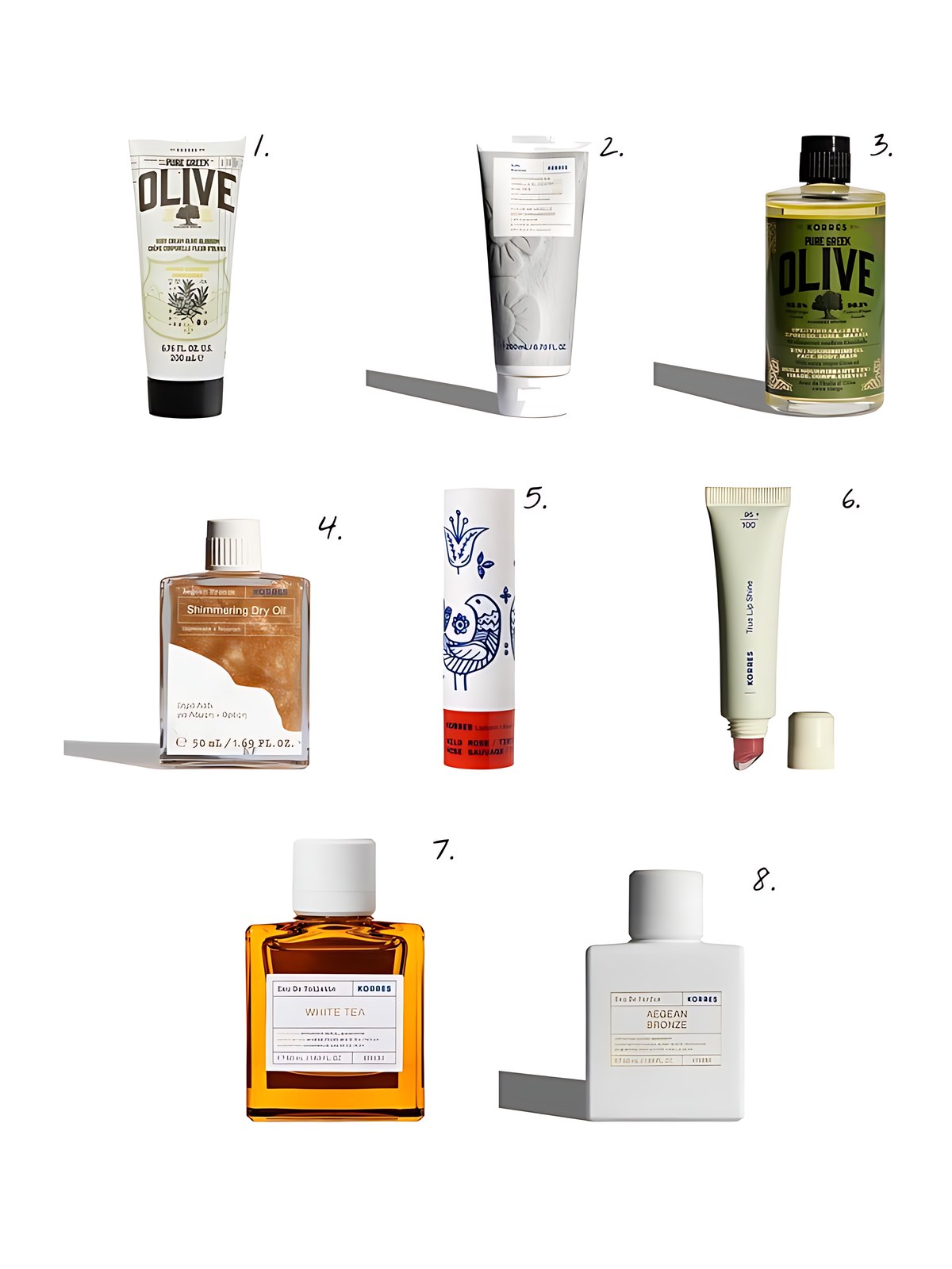 Numbered collage: 1. Korres Pure Greek Olive Body Cream Olive Blossom; 2. Korres Body Milk Mediterranean Vanilla Blossom; 3. Korres Pure Greek Olive 3-In-1 Nourishing Oil; 4. Korres Aegean Bronze Shimmering Dry Oil; 5. Korres Lip Butter Stick - Wild Rose Tinted; 6. Korres True Lip Shine Pomegranate; 7. Korres Eau de Toilette White Tea; 8. Korres Eau de Parfum Aegean Bronze