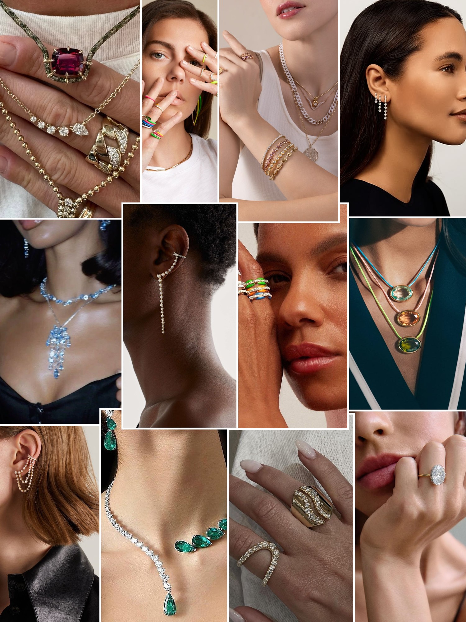 Collage of rings, earrings and layered necklaces worn up close, in the spirit of Melissa Kaye