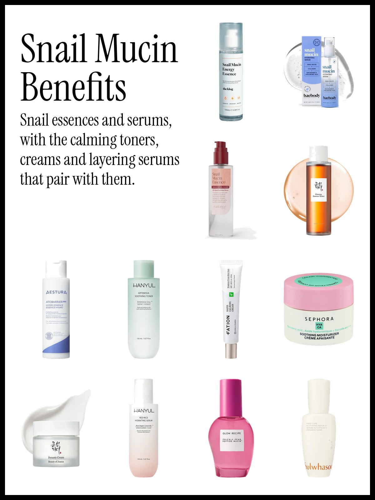 Collage of snail mucin essences and serums from the klog, Baebody and Radiance with Beauty of Joseon, Hanyul and FATION toners and creams