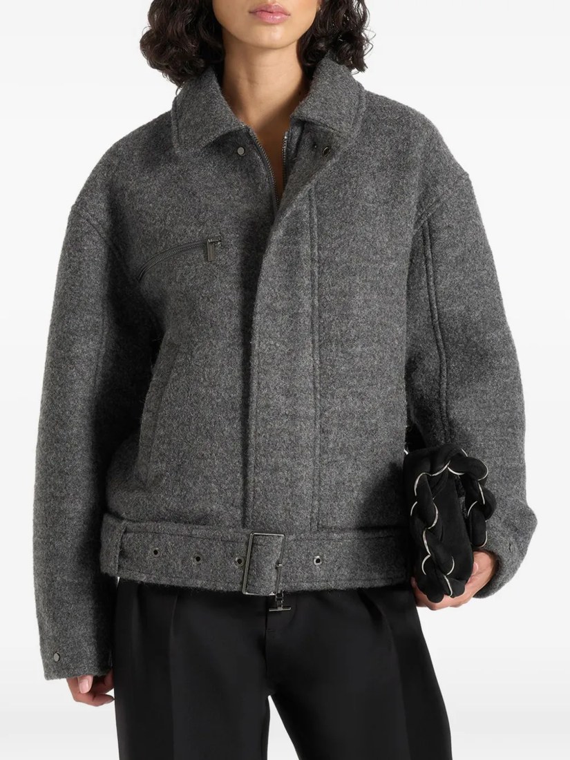 Ezra in grey wool belted bomber jacket