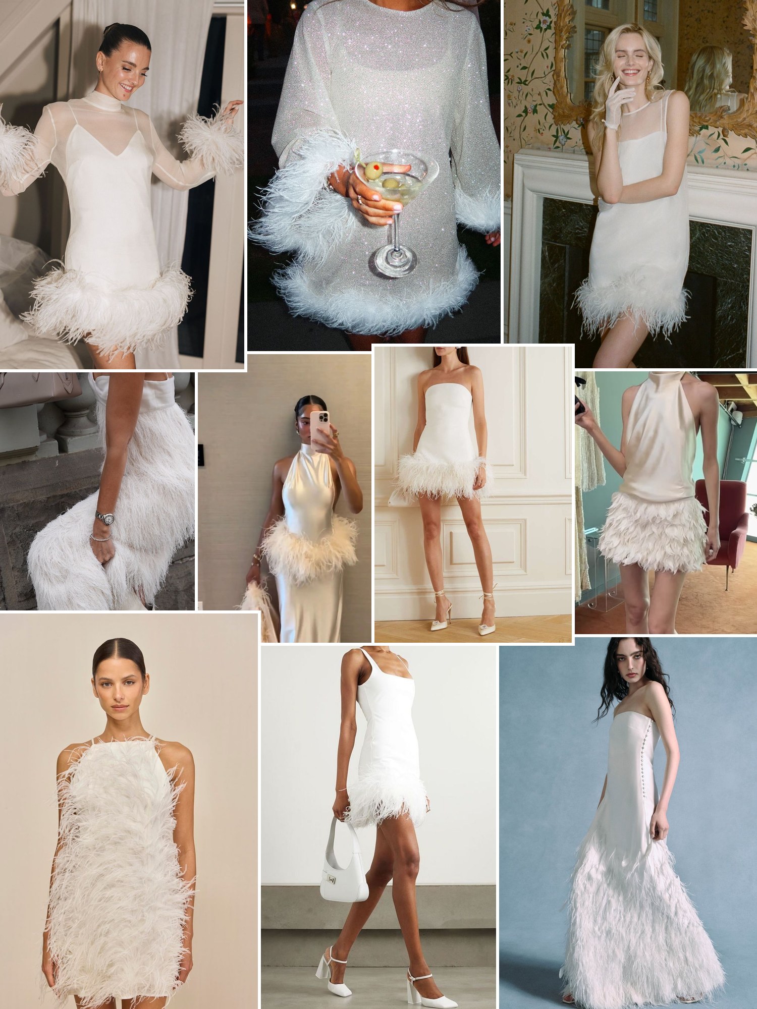 Collage of white dresses with feather trim