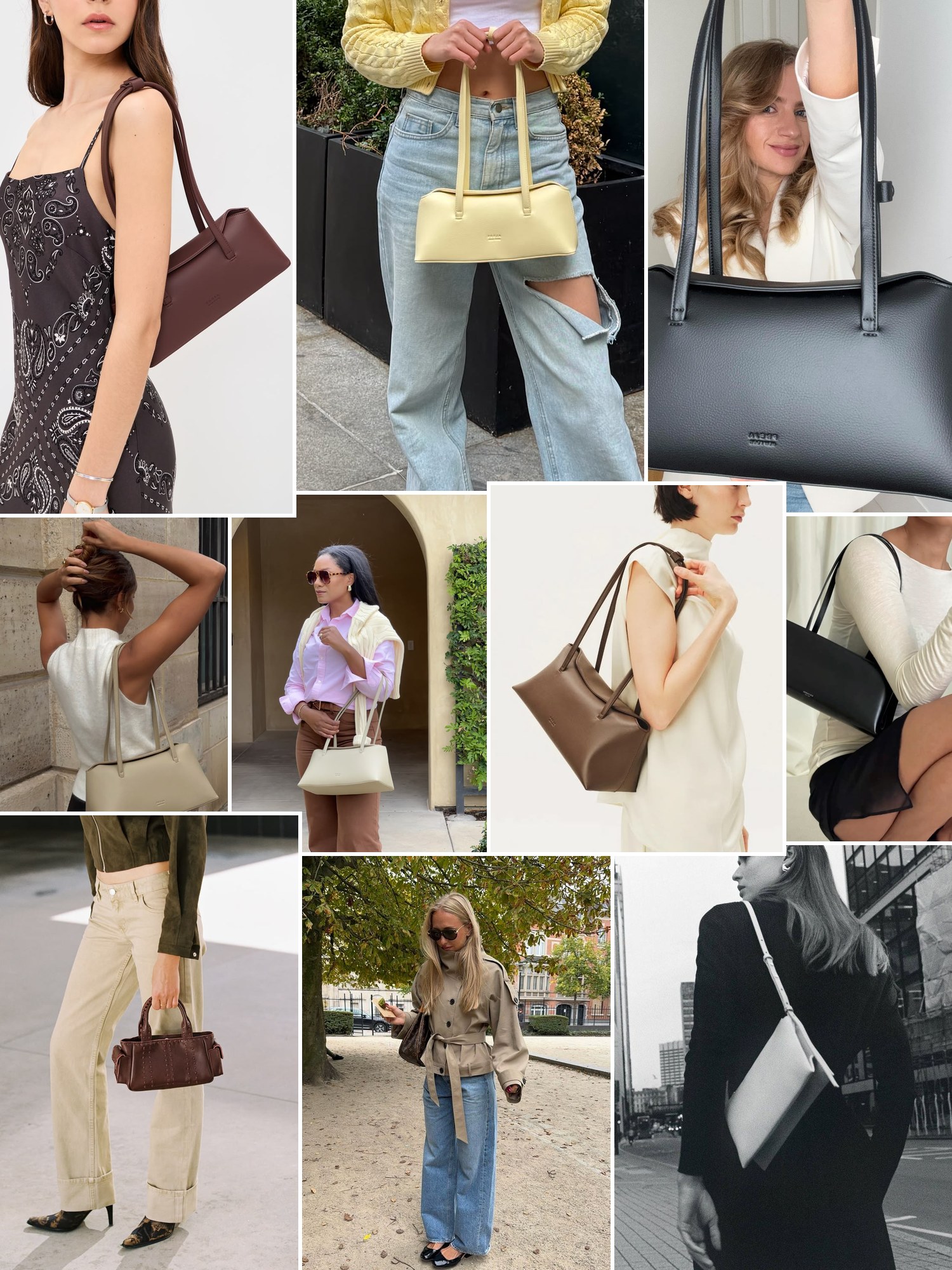 Collage of structured mini shoulder bags in street style