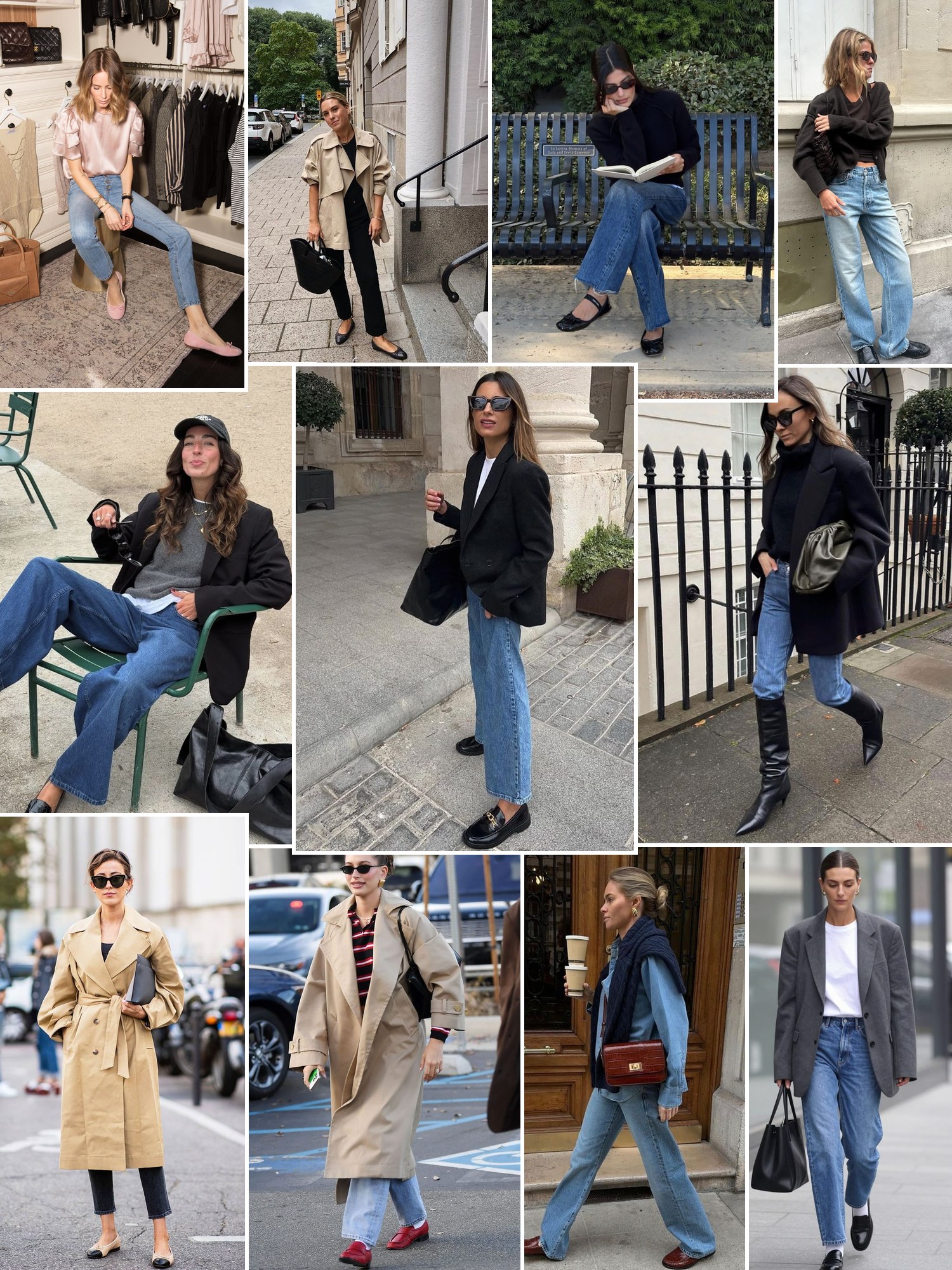 Street style collage of women pairing jeans with ballet flats, loafers and boots
