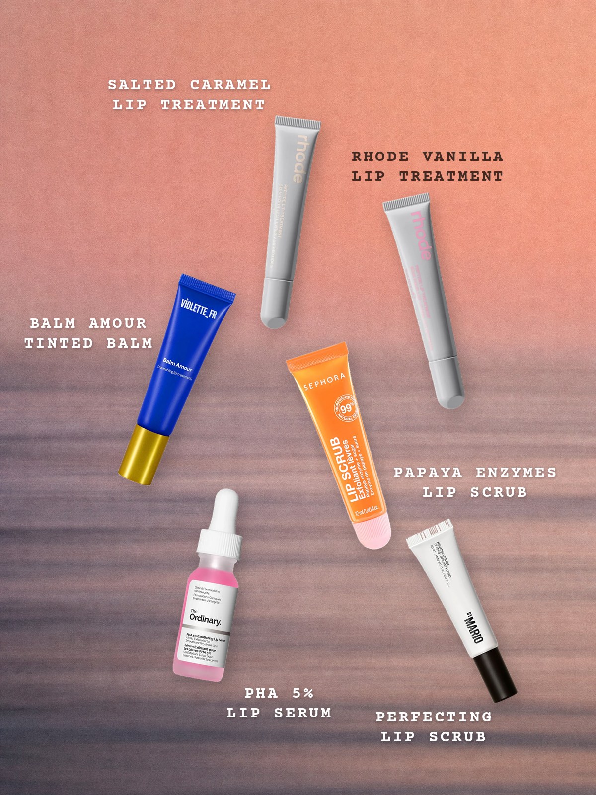 Floating-products collage featuring rhode Lip Treatments, Violette_FR Balm Amour, Papaya Enzyme Lip Scrub, The Ordinary Lip Serum, and Perfecting Lip Scrub.