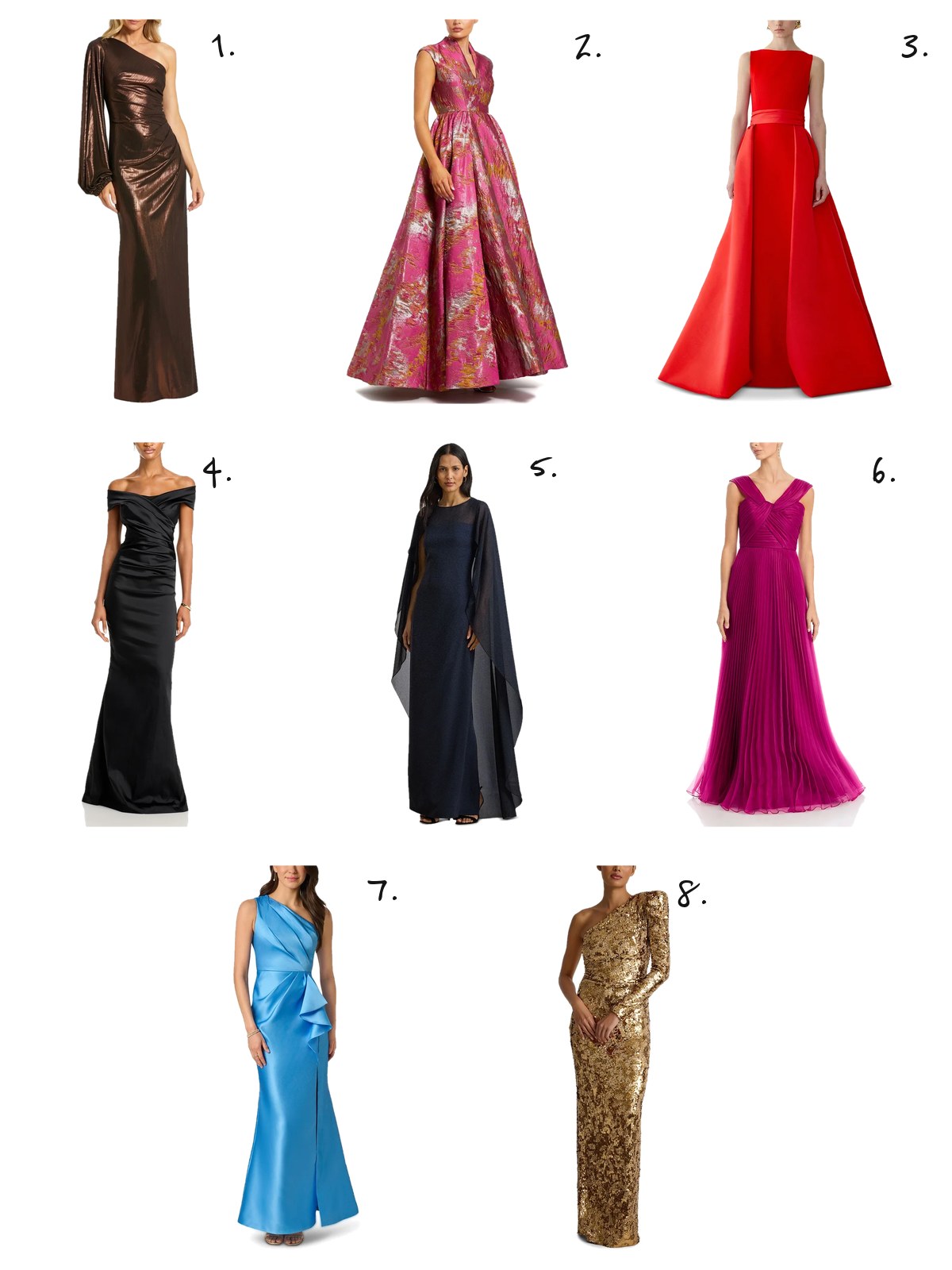Eight black tie gowns, numbered one to eight