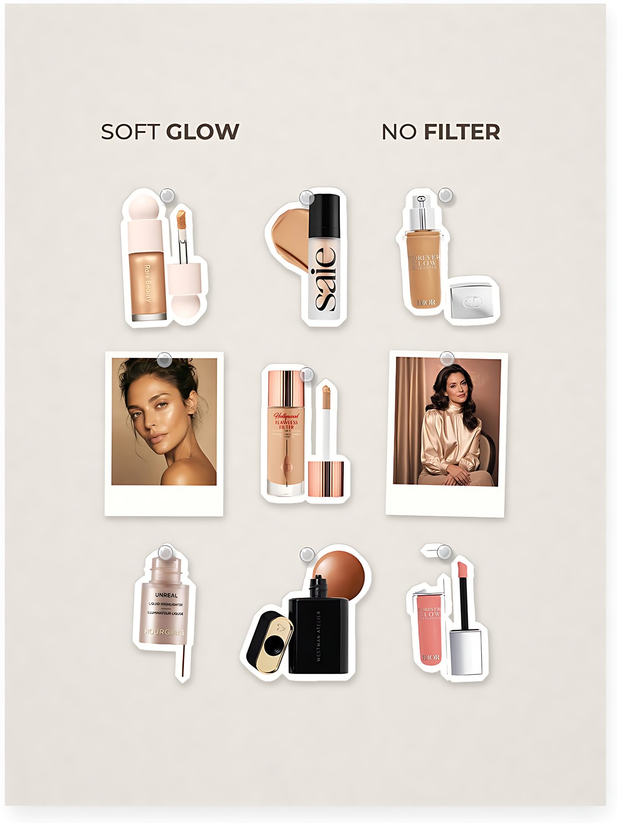 Cut-out product collage with two campaign-style photos: Charlotte Tilbury Hollywood Flawless Filter - 4 - Medium; Rare Beauty Positive Light Liquid Luminizer Highlight - Exhilarate; Saie Glowy Super Gel Lightweight Multipurpose Illuminator & Liquid Highlighter - Beachglow; Dior Forever Glow Star Filter Multi-Use Complexion Enhancing Booster - 4N; Hourglass Unreal Radiant Glow Liquid Highlighter - Evoke; Westman Atelier Liquid Super Loaded All-Over Illuminating Highlighter with Vitamin C - Peau De Soleil; Dior Forever Glow Maximizer Longwear Liquid Highlighter - 014 Rosy