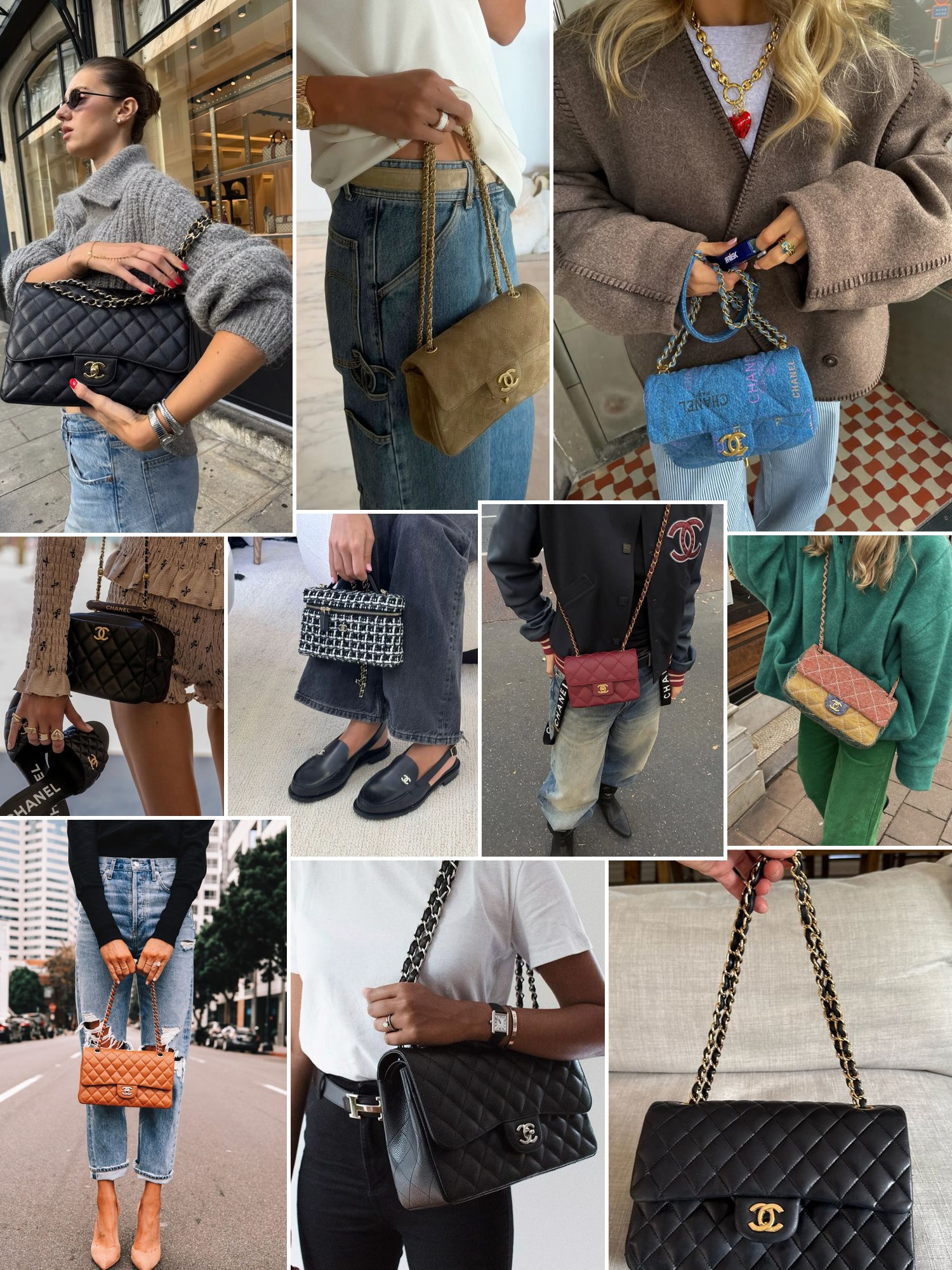 Collage of everyday outfits built around Chanel bag resale value