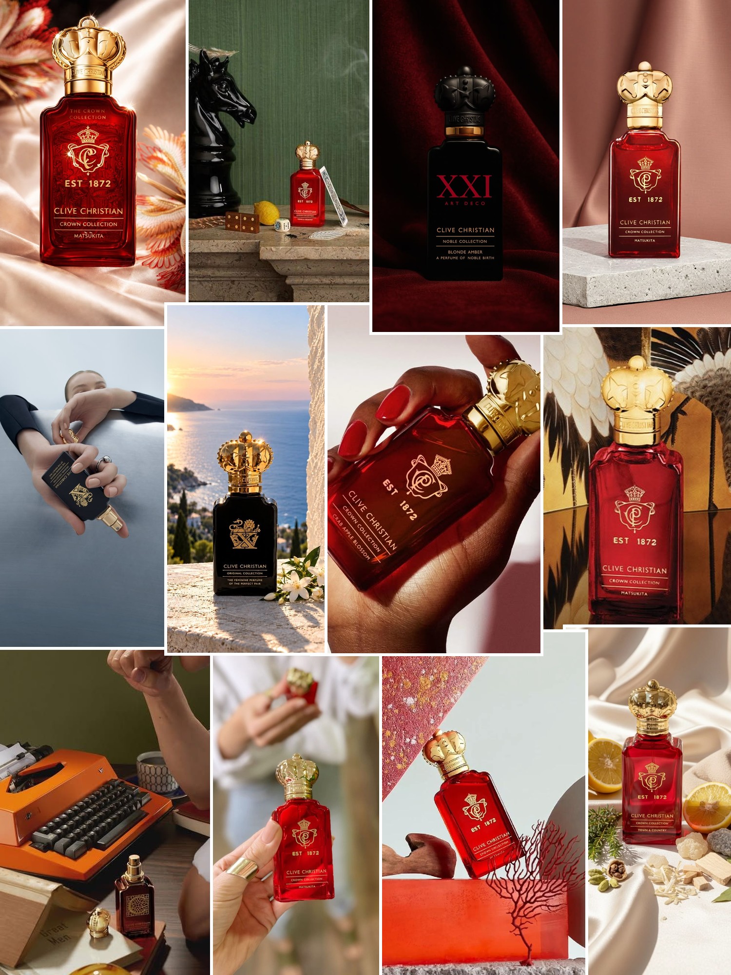 Collage of sculptural perfume bottles, soft botanical details and quiet vanity rituals in warm light