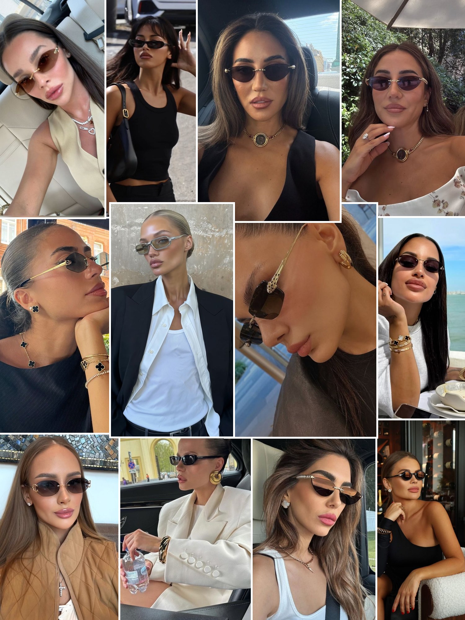 Collage of everyday outfits built around Cartier glasses